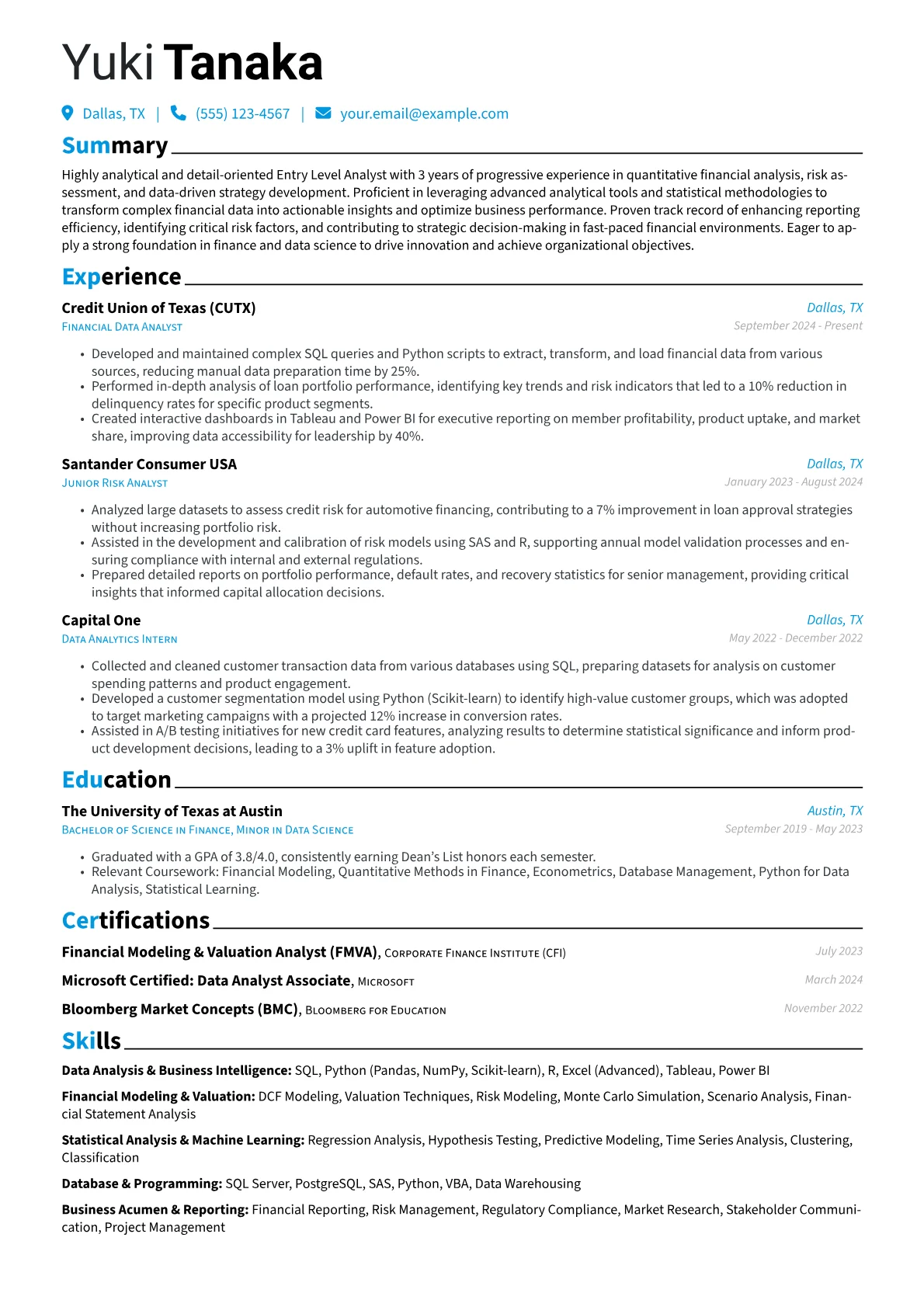Entry Level Analyst resume example, Entry Level Quantitative, page 1