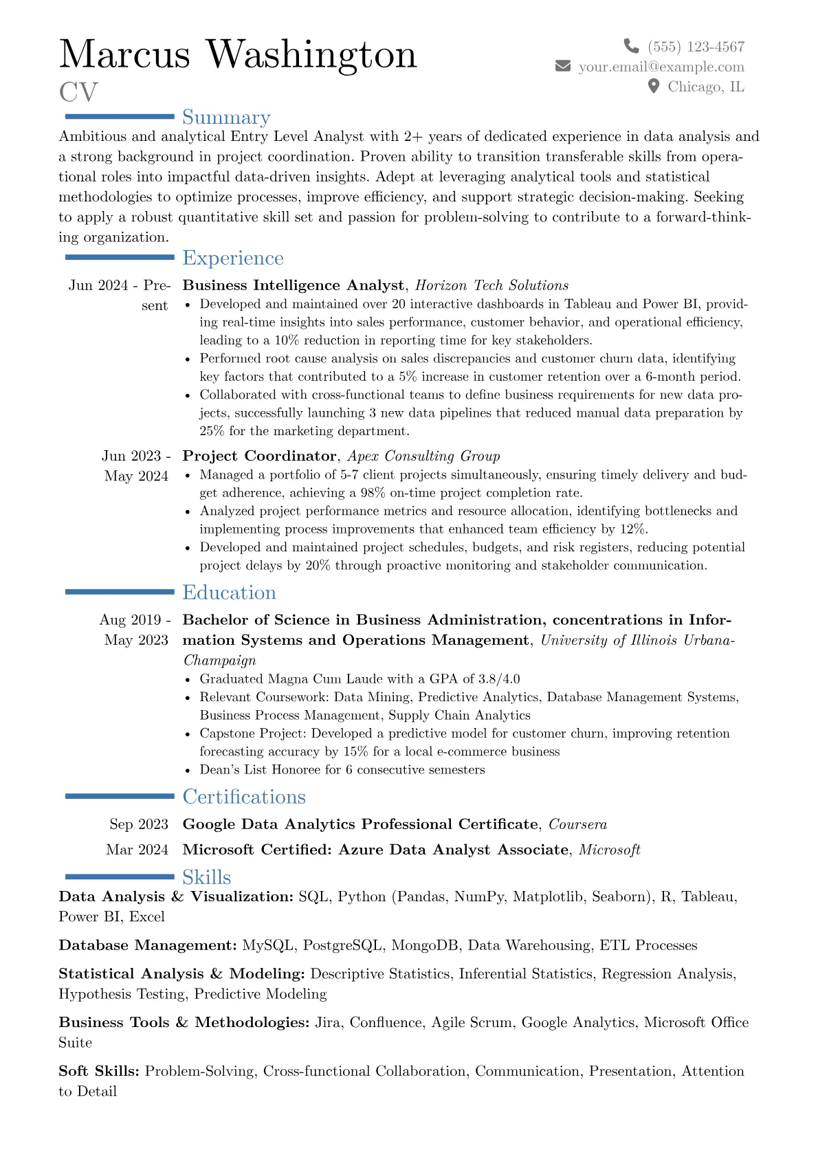 Entry Level Analyst resume example, Career changer, page 1