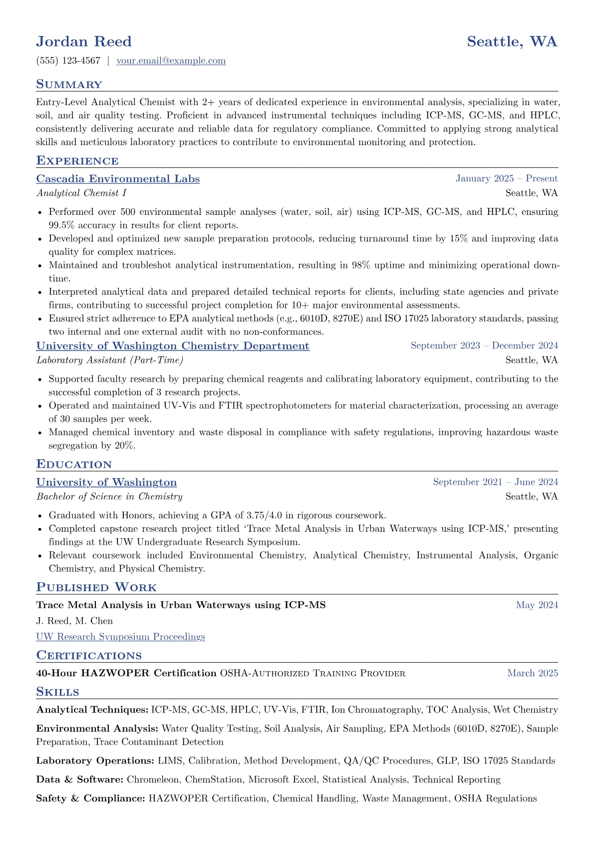 Entry-Level Analytical Chemist resume example, Environmental Chemist, page 1