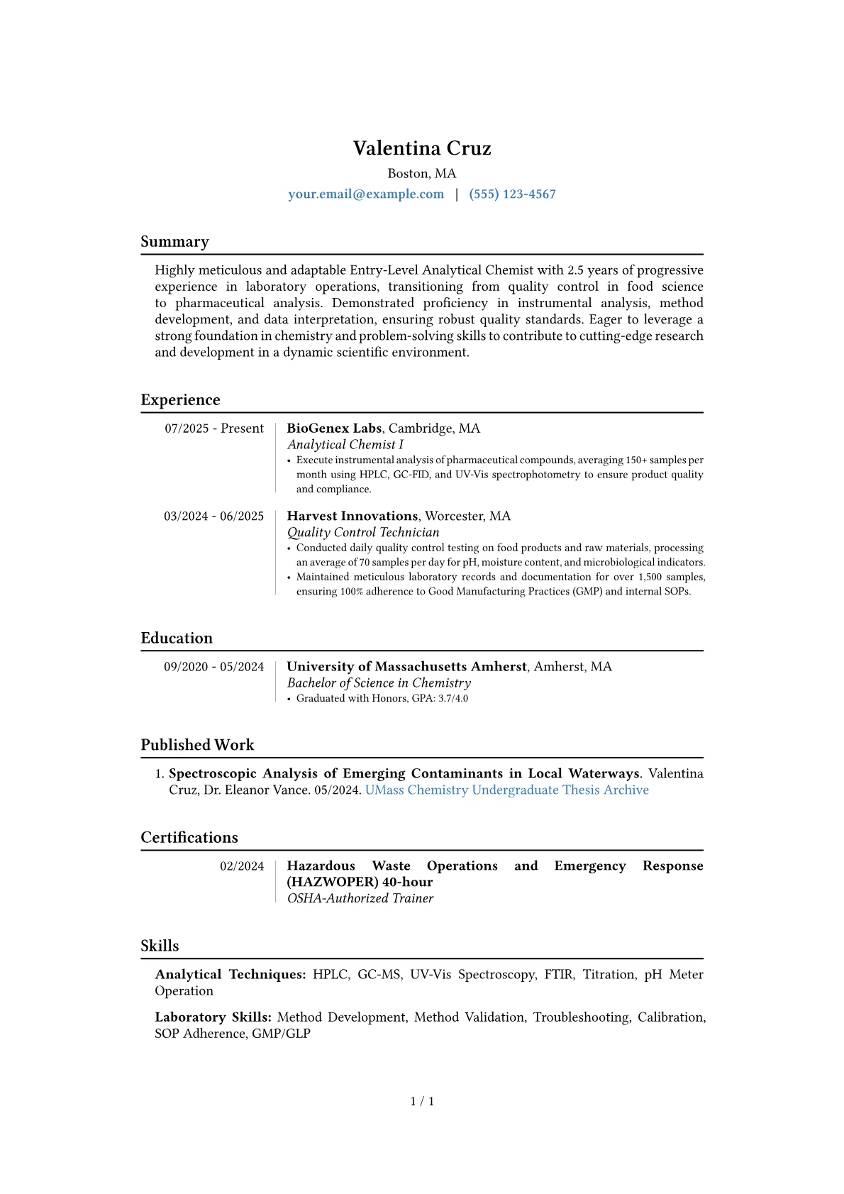 Entry-Level Analytical Chemist resume example, Career changer, page 1