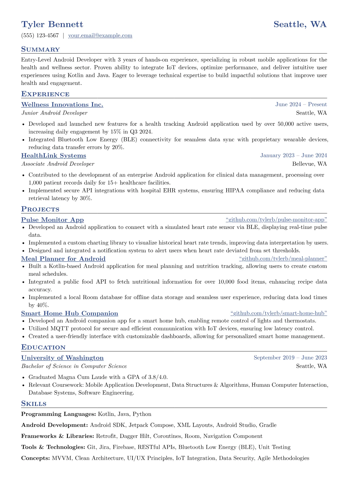 Entry-Level Android Developer resume example, Programming Languages, page 1