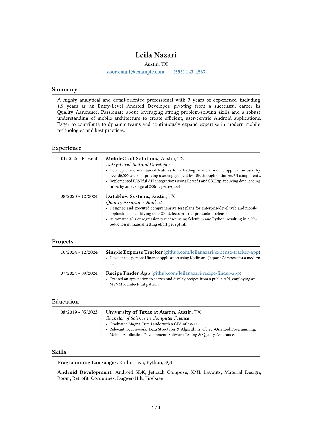 Entry-Level Android Developer resume example, Career changer, page 1
