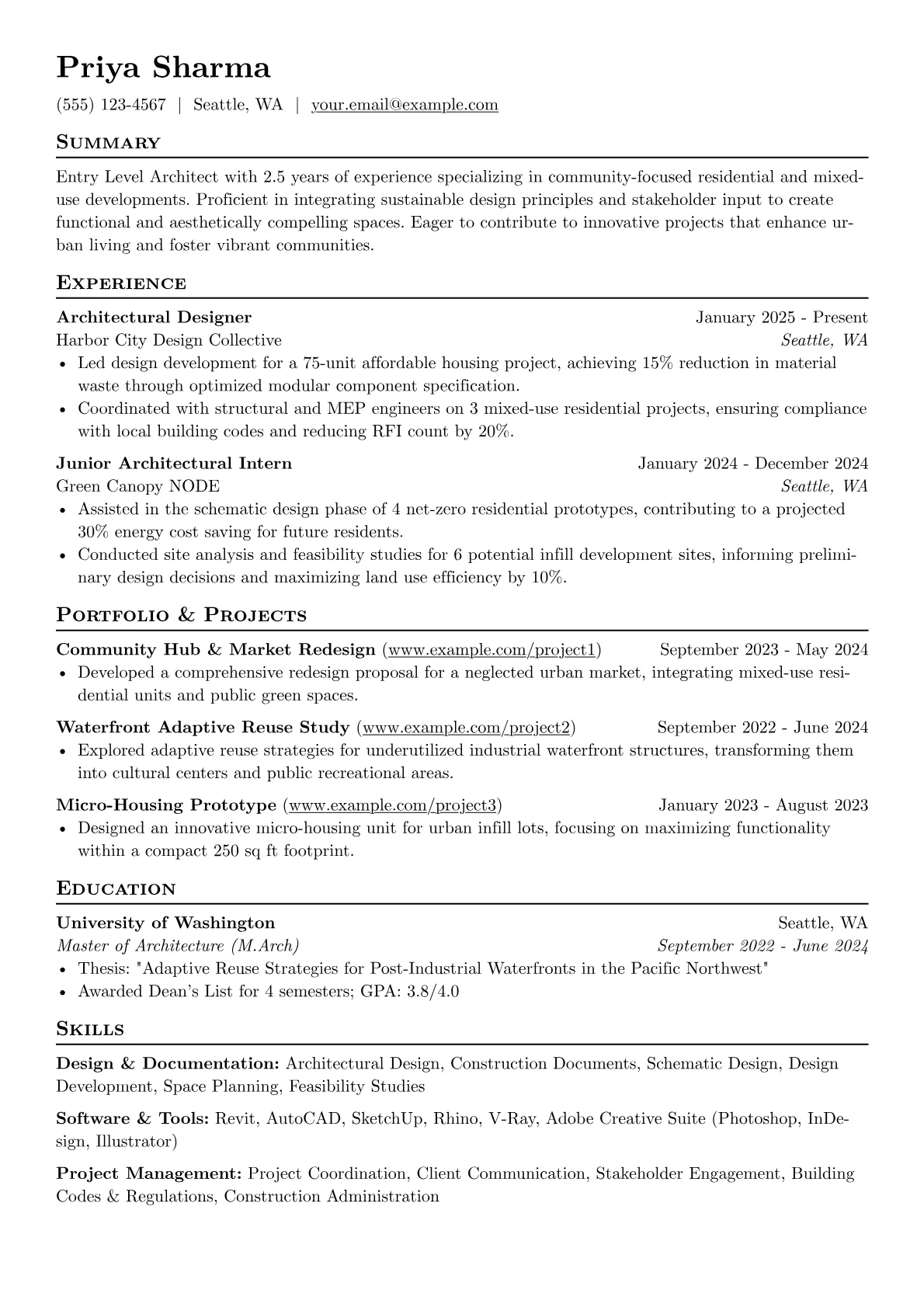 Entry Level Architect resume example, residential-mixed-use-arch, page 1