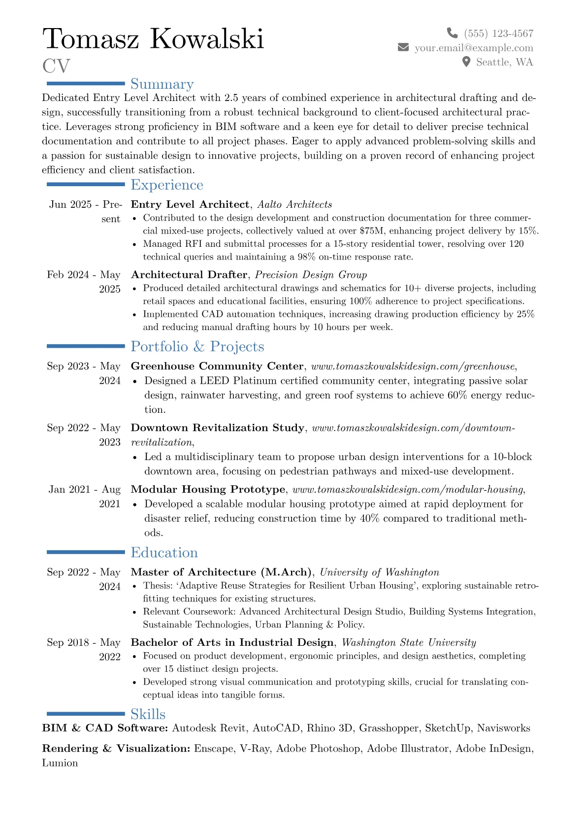 Entry Level Architect resume example, Career changer, page 1
