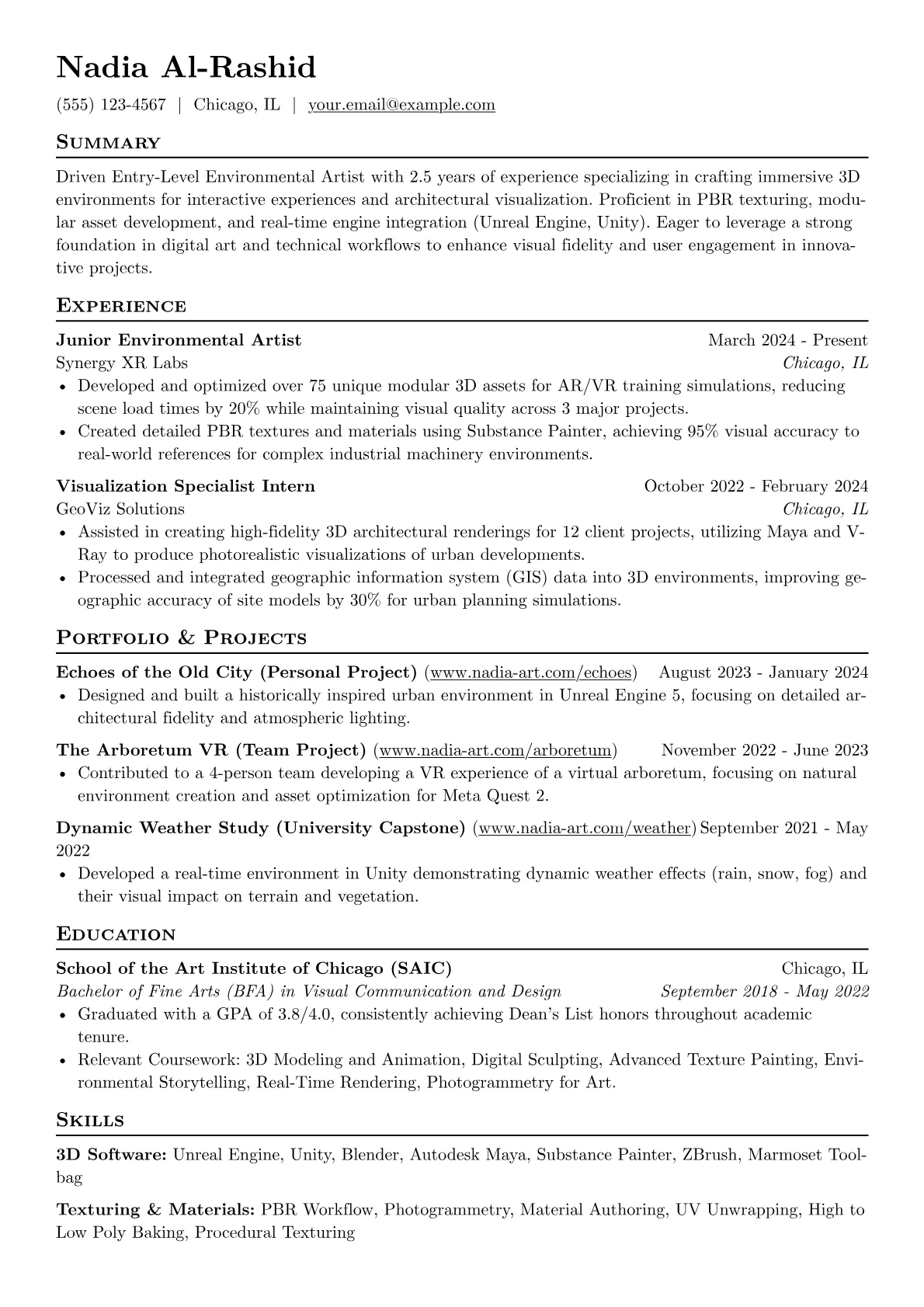 Entry-Level Artist resume example, Entry-Level Environmental, page 1