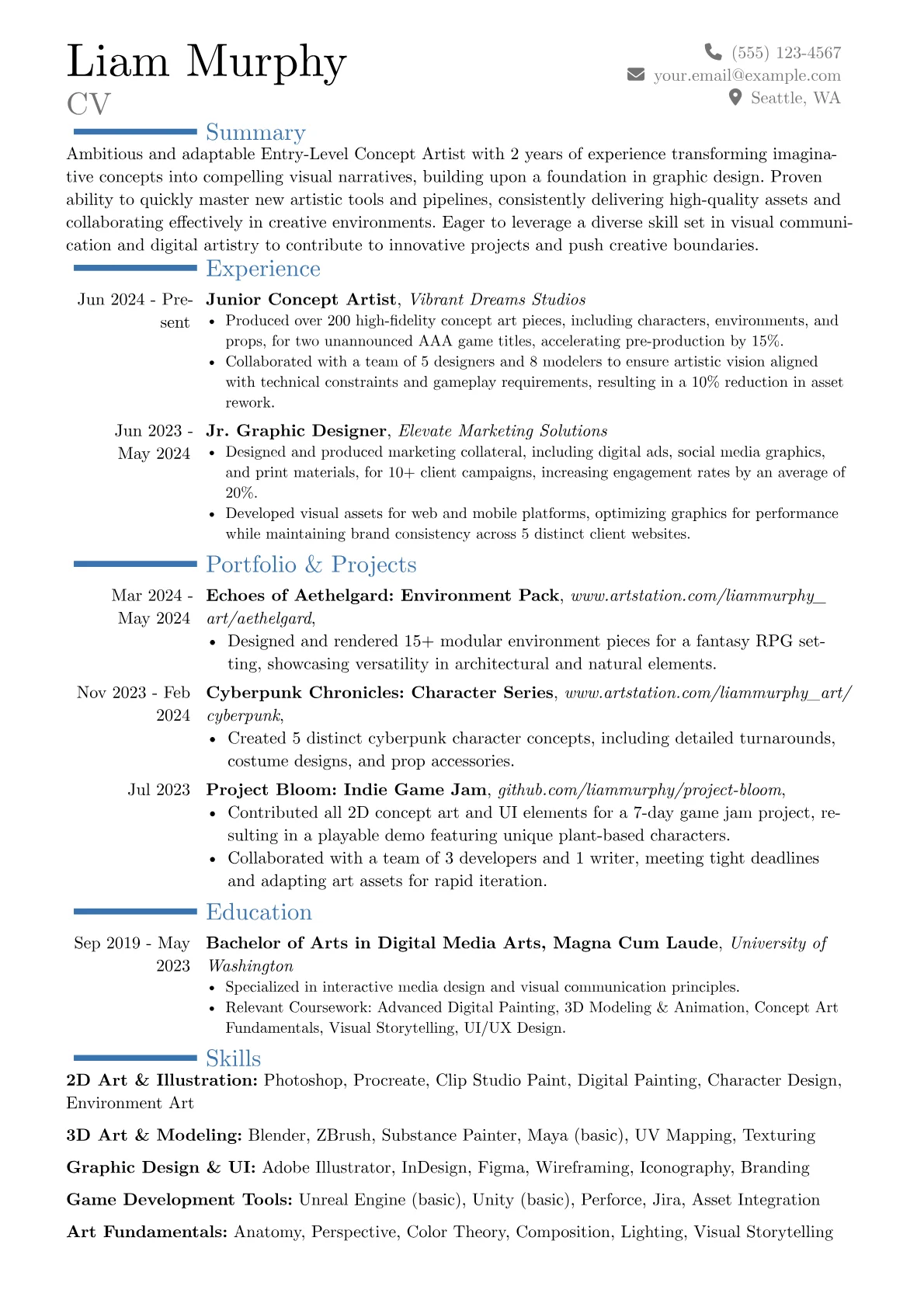 Entry-Level Artist resume example, Career changer, page 1