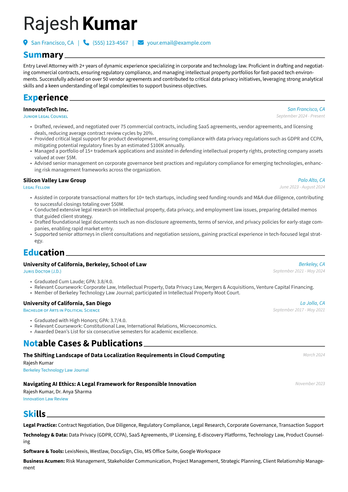 Entry Level Attorney resume example, Corporate Tech Attorney, page 1
