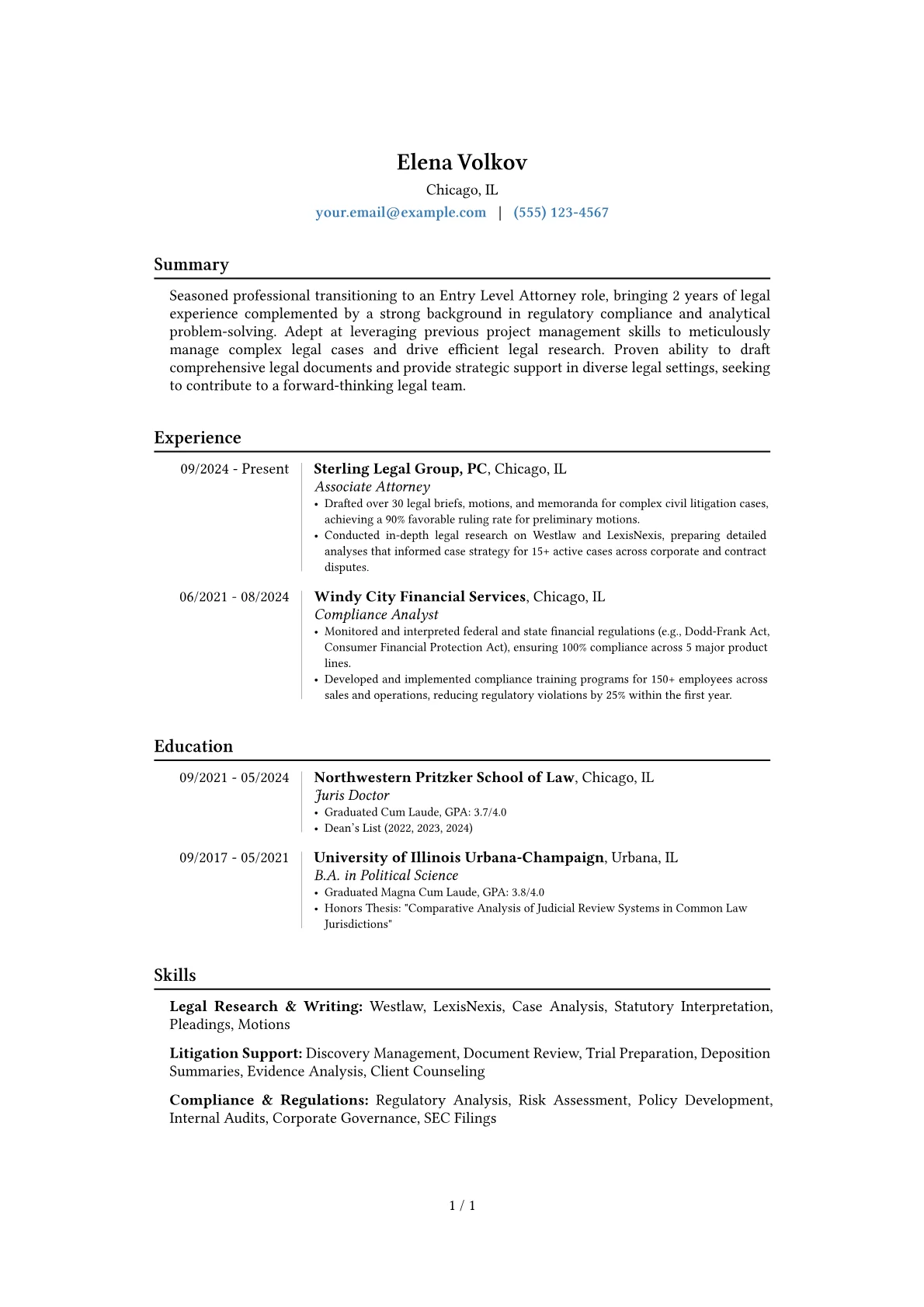 Entry Level Attorney resume example, Career changer, page 1