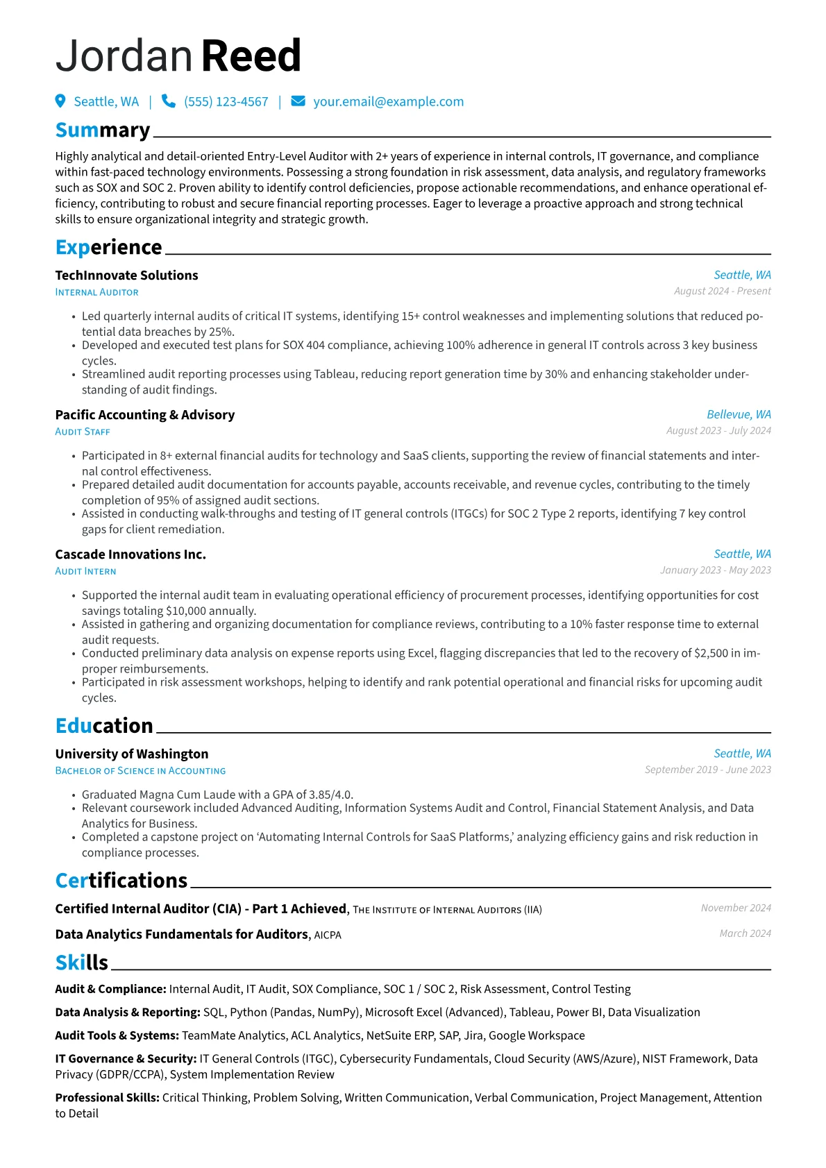 Entry-Level Auditor resume example, Entry-Level Auditor, page 1