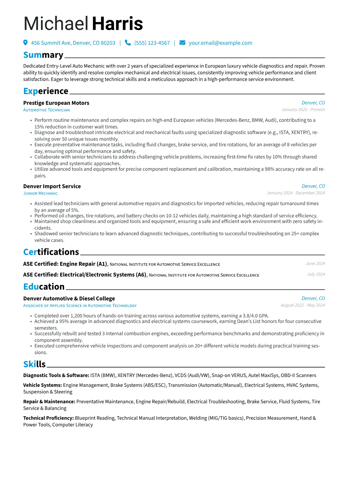Entry-Level Auto Mechanic resume example, Entry-Level Auto Mechanic, page 1