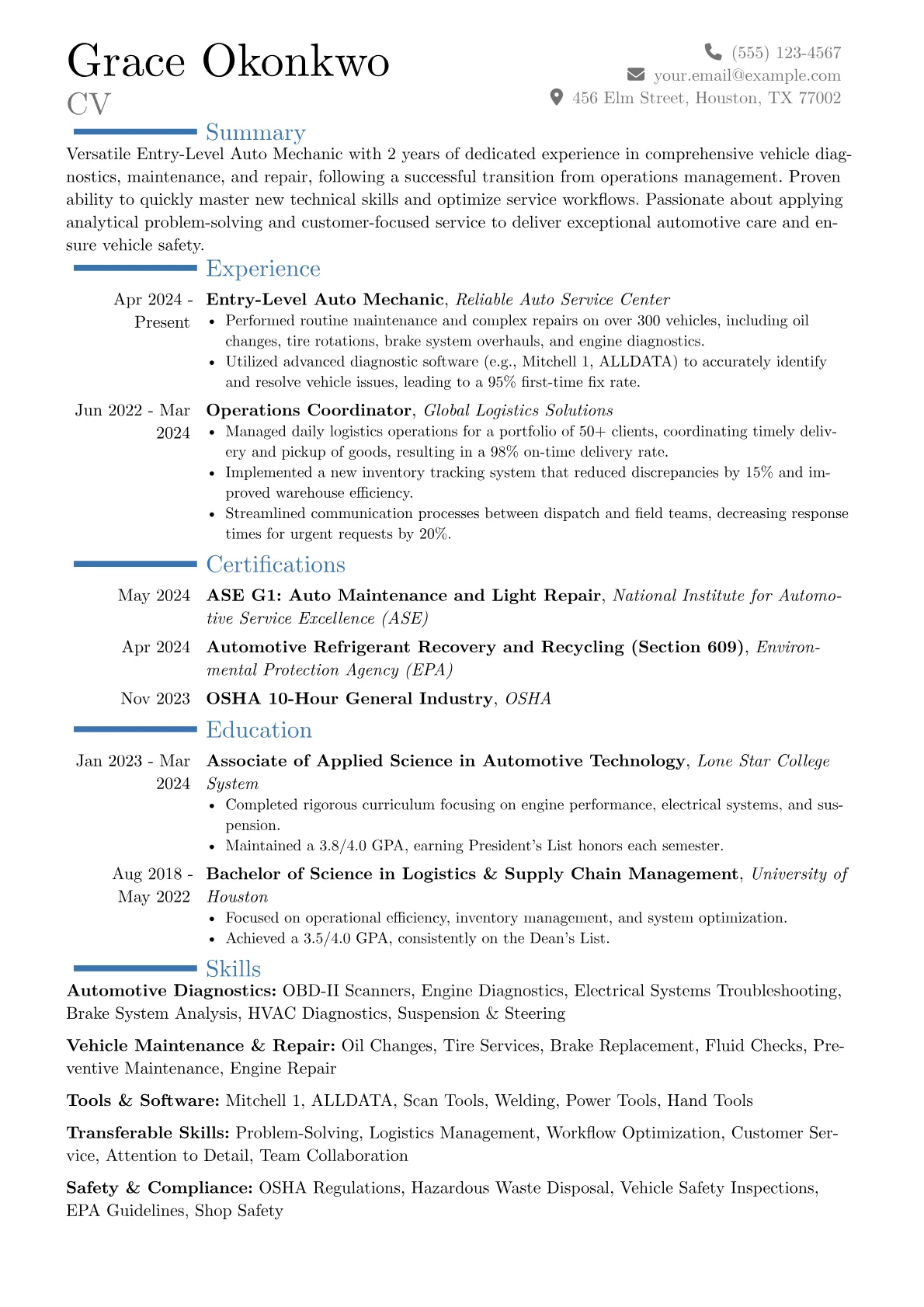 Entry-Level Auto Mechanic resume example, Career changer, page 1