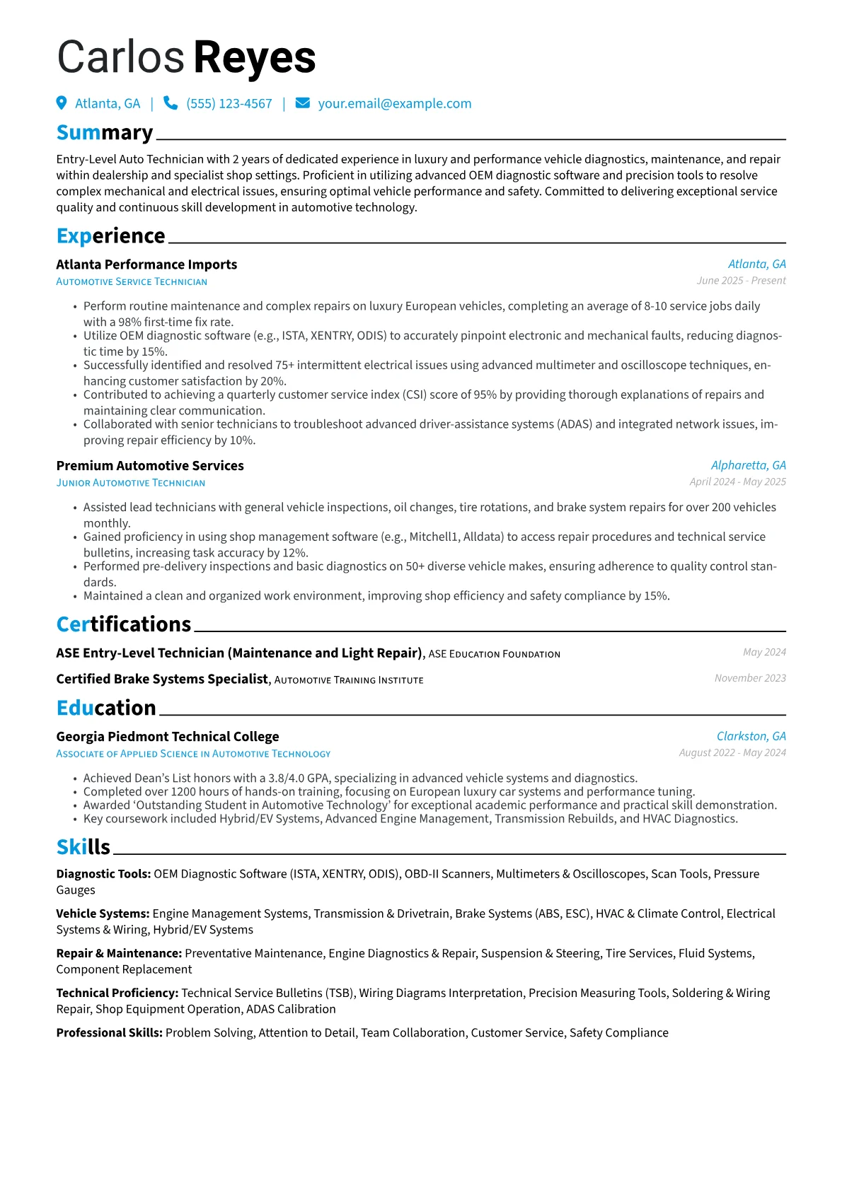 Entry-Level Auto Technician resume example, Luxury Dealership, page 1