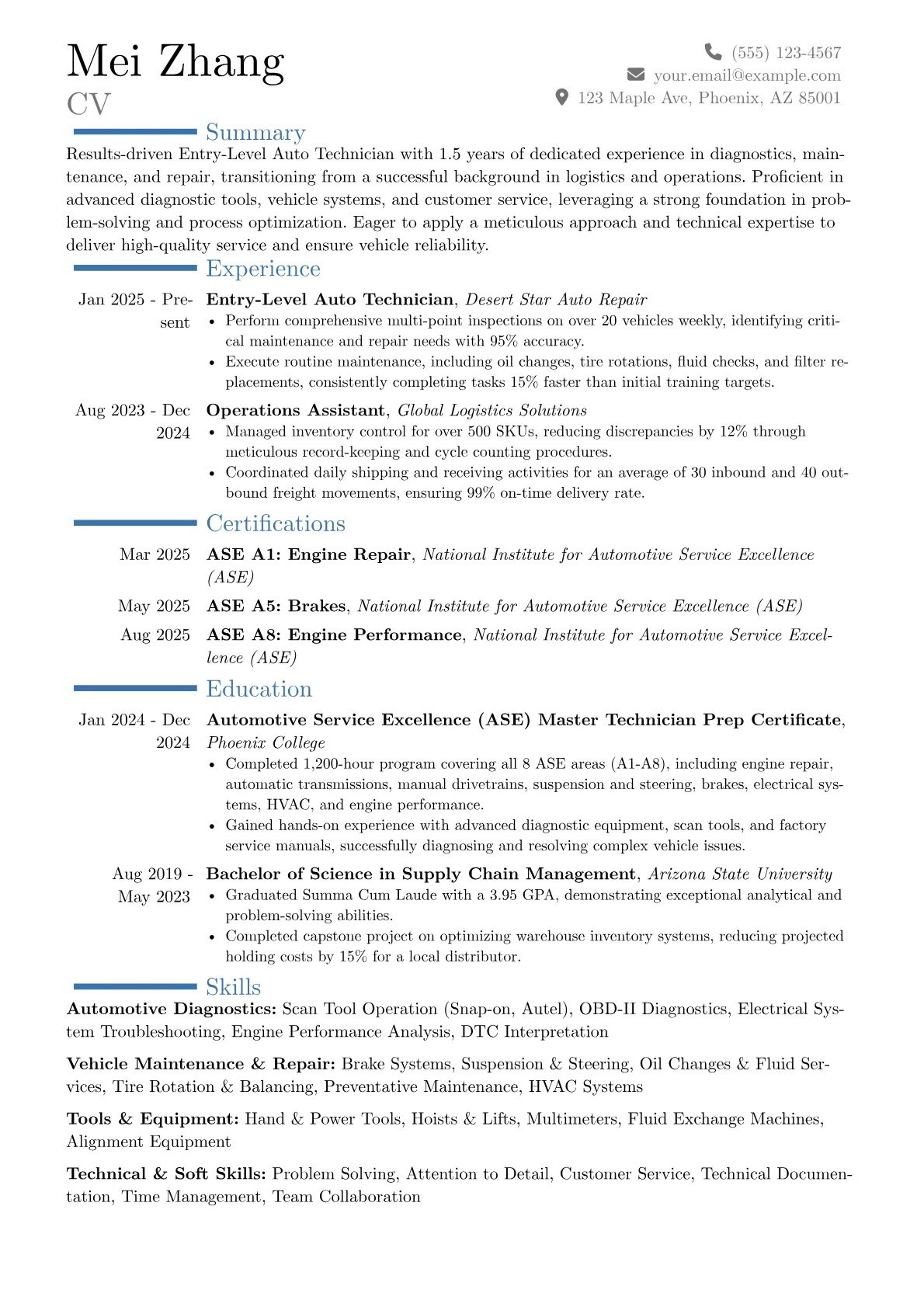 Entry-Level Auto Technician resume example, Career changer, page 1