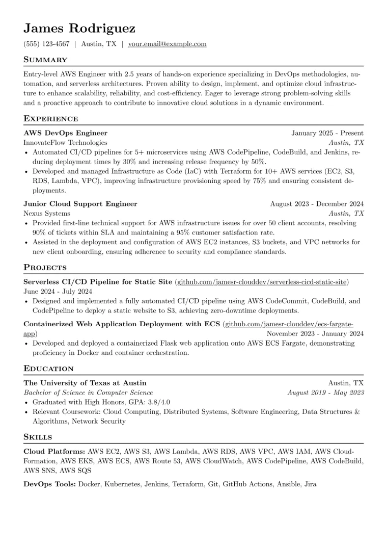 Entry-Level AWS Engineer Resume Examples & Free Template
