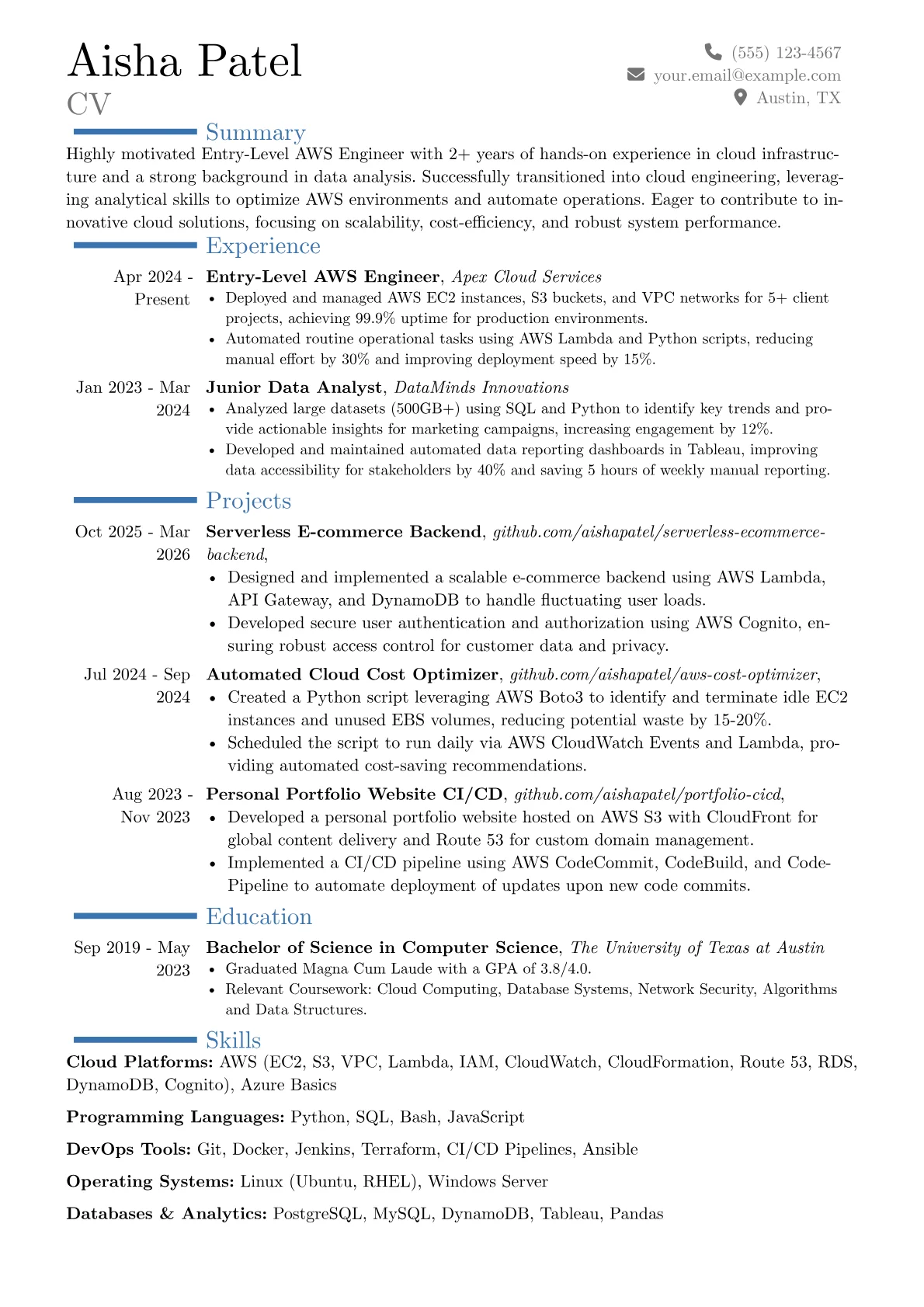 Entry-Level AWS Engineer resume example, Career changer, page 1