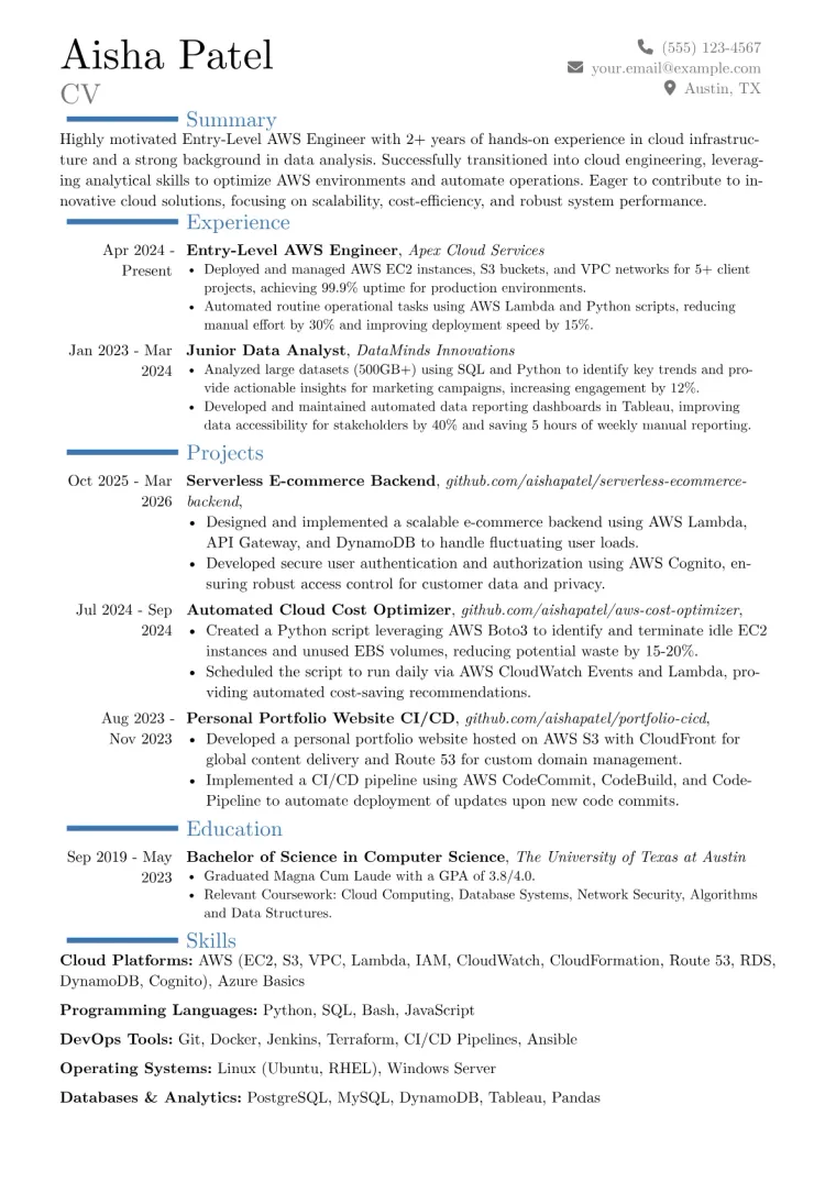 Entry-Level AWS Engineer Resume Examples & Free Template
