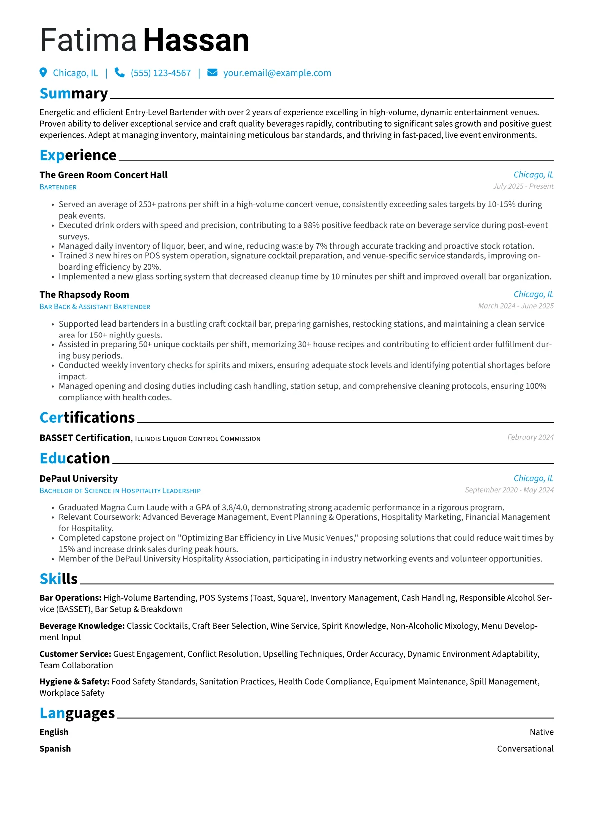 Entry-Level Bartender resume example, High-Volume Entertainment, page 1