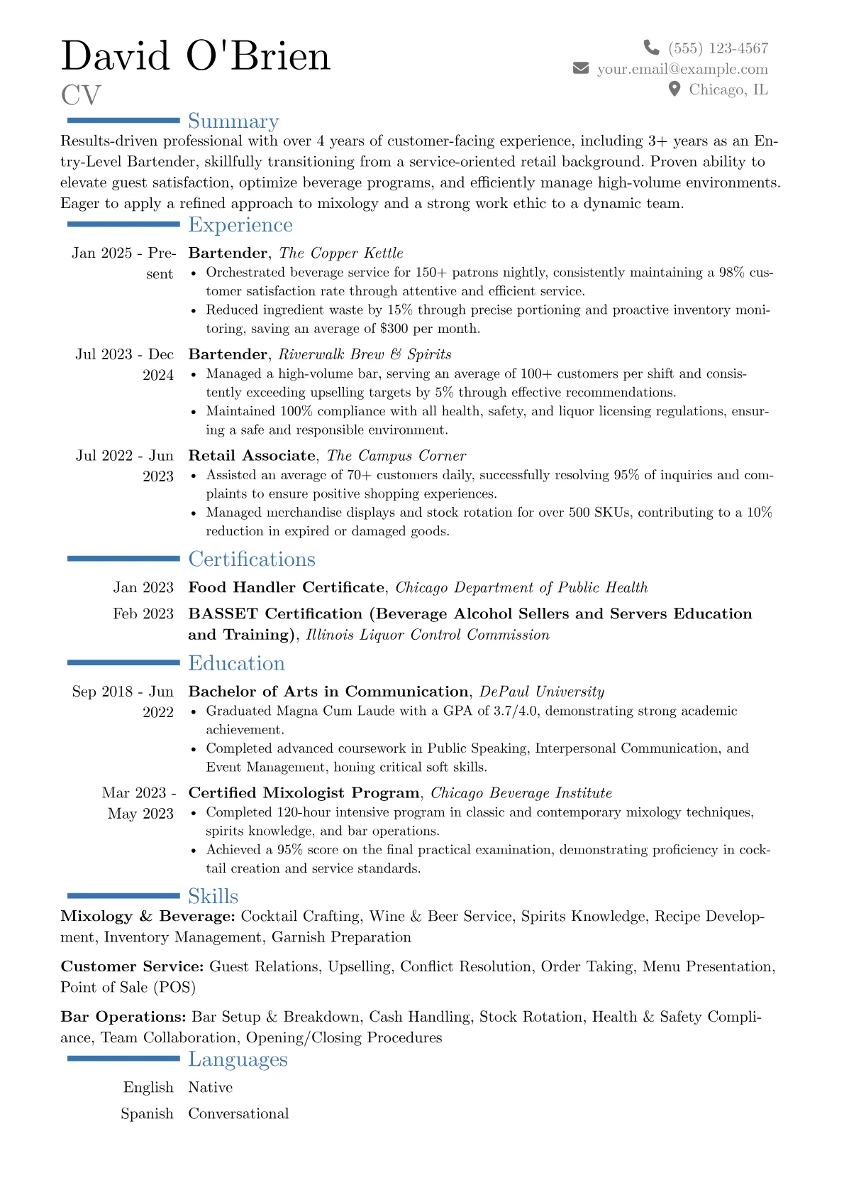 Entry-Level Bartender resume example, Career changer, page 1
