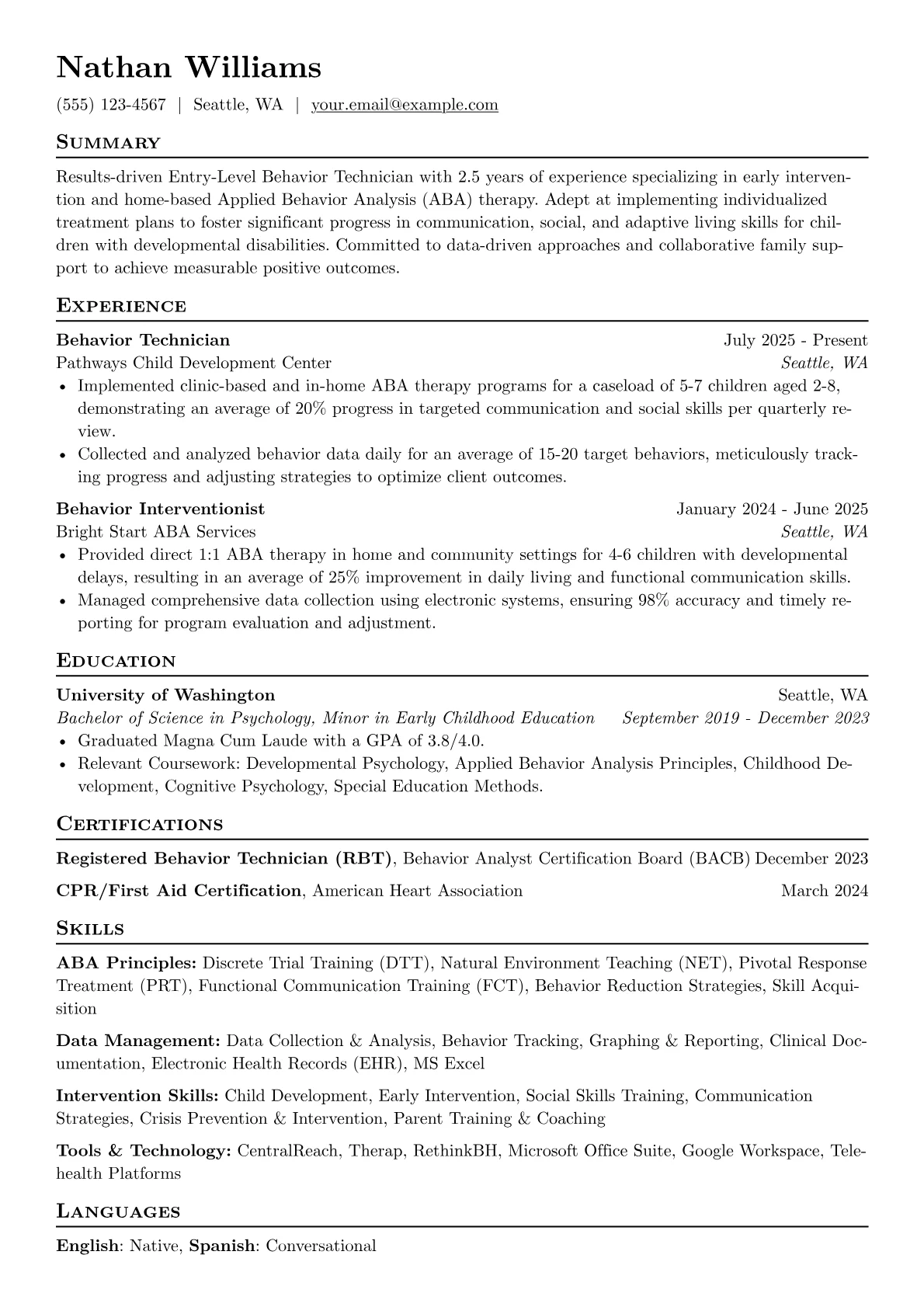 Entry-Level Behavior Technician resume example, Early, page 1