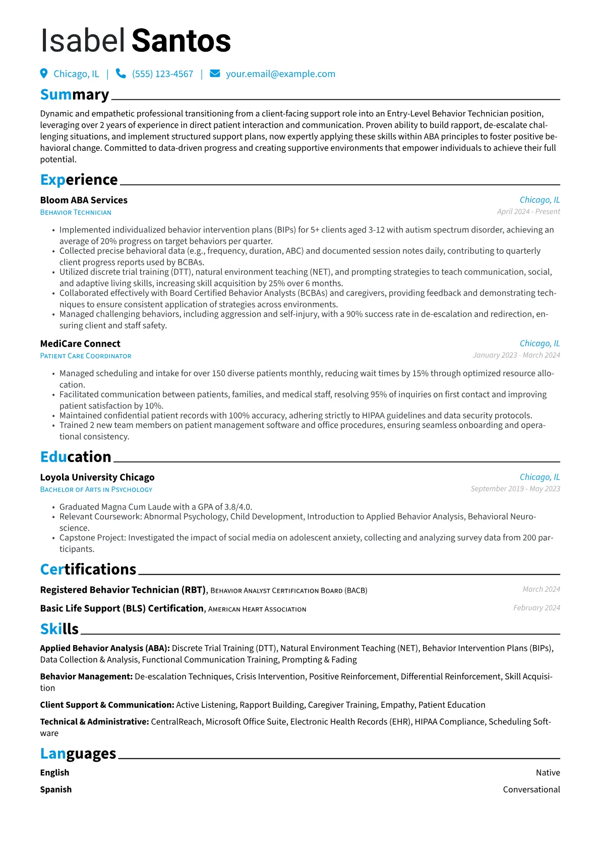 Entry-Level Behavior Technician resume example, Career changer, page 1