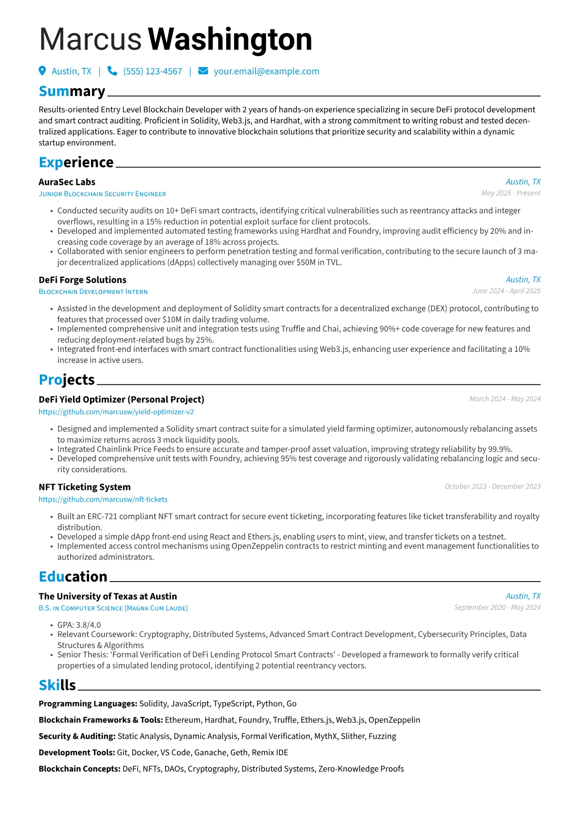Entry Level Blockchain Developer resume example, DeFi Security Focus, page 1