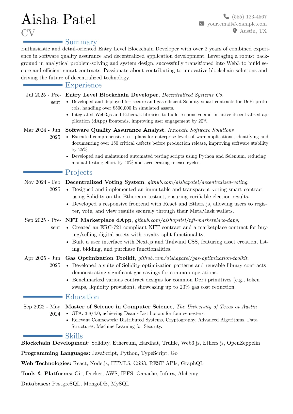 Entry Level Blockchain Developer resume example, Career changer, page 1