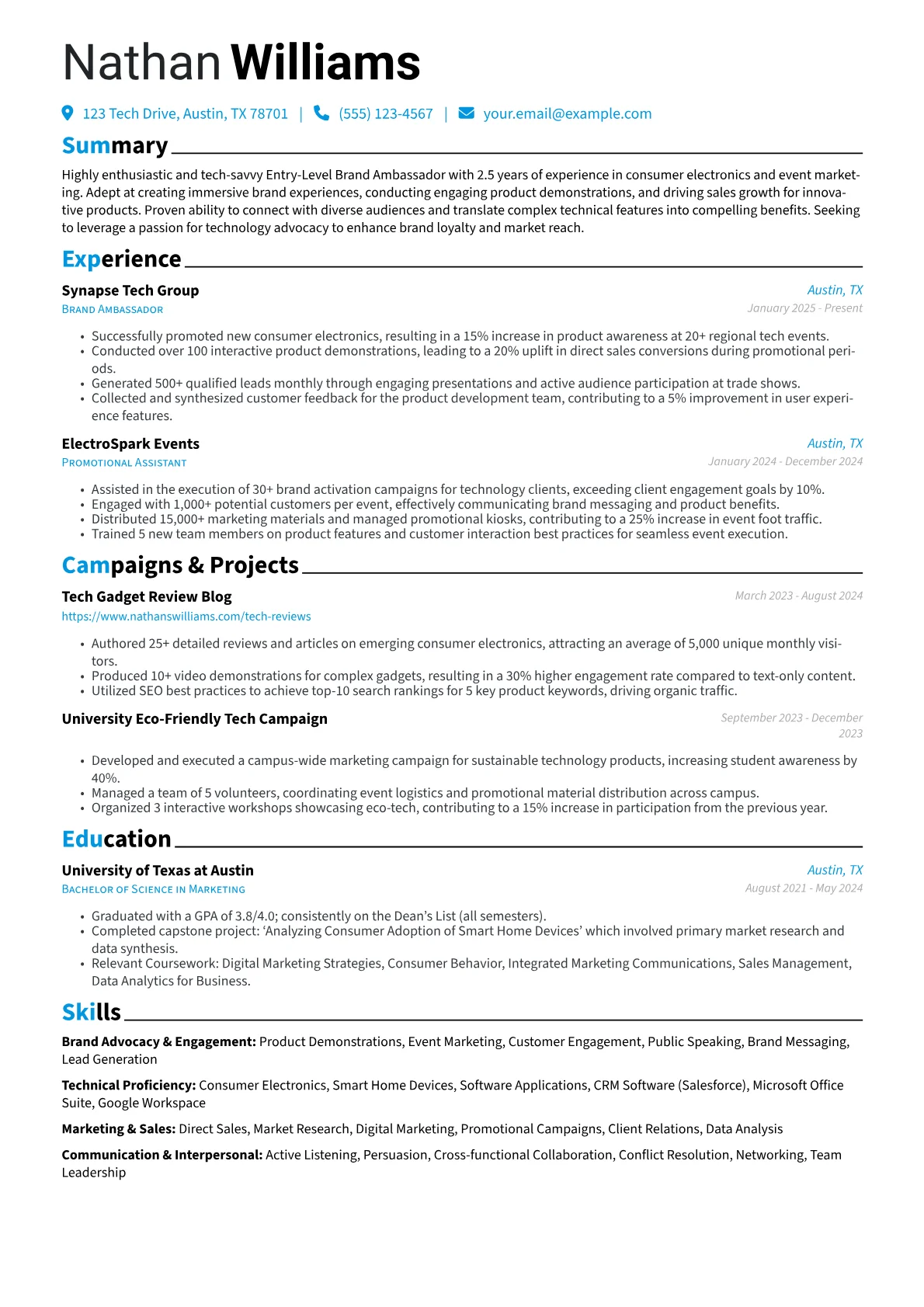 Entry-Level Brand Ambassador resume example, Brand Advocacy, page 1
