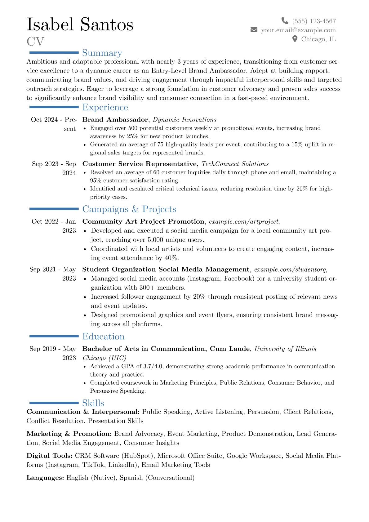 Entry-Level Brand Ambassador resume example, Career changer, page 1