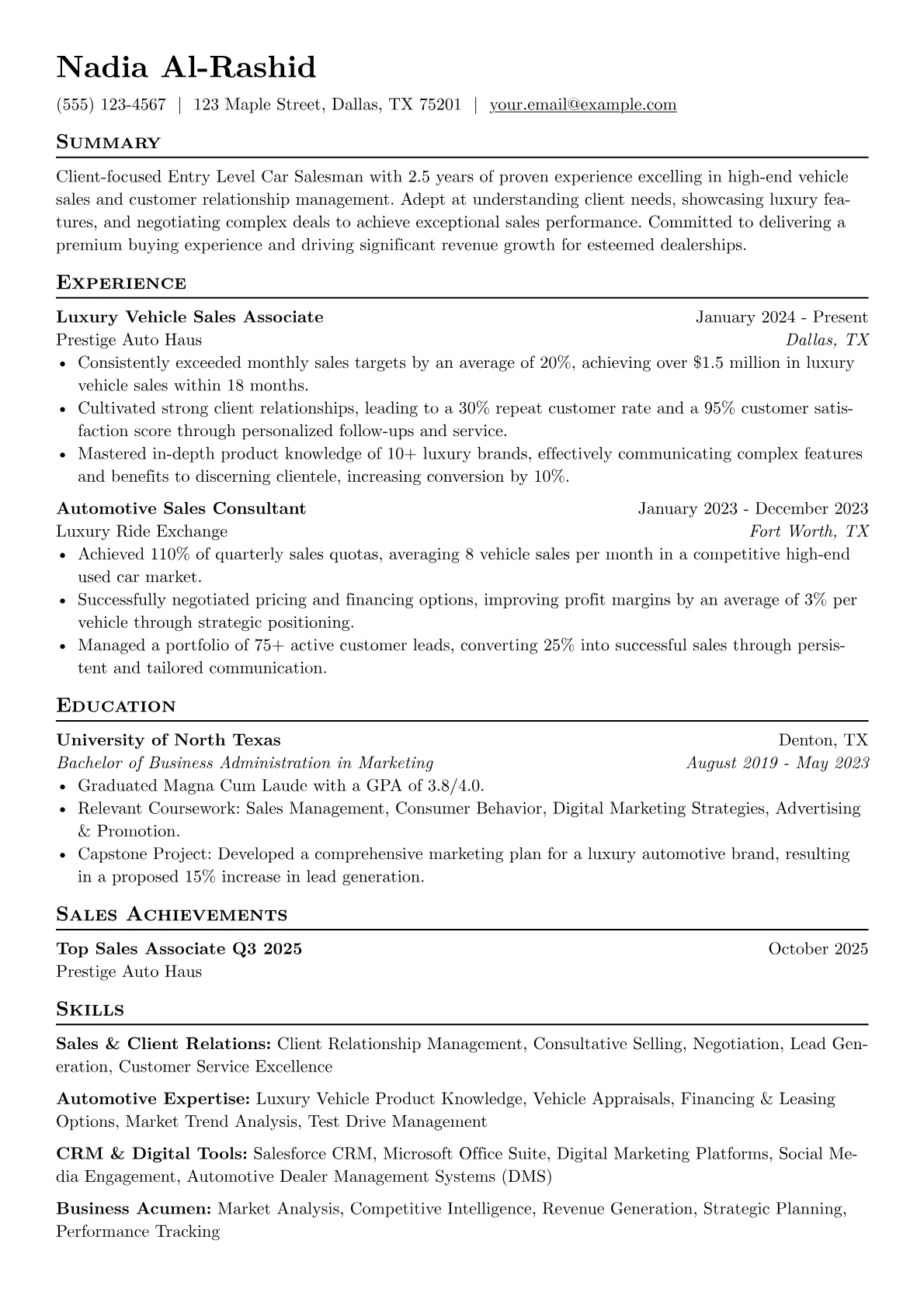 Entry Level Car Salesman resume example, Luxury & High-End Used Car, page 1