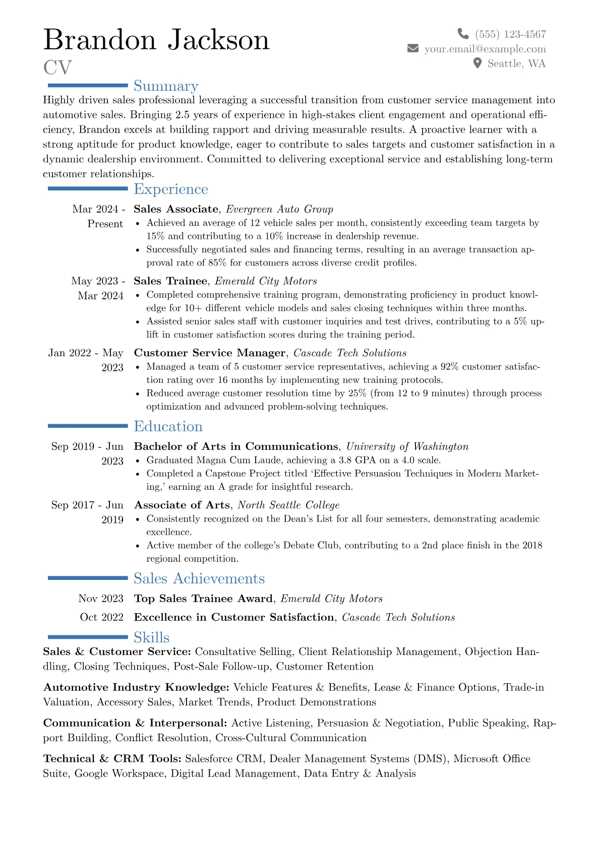 Entry Level Car Salesman resume example, Career changer, page 1