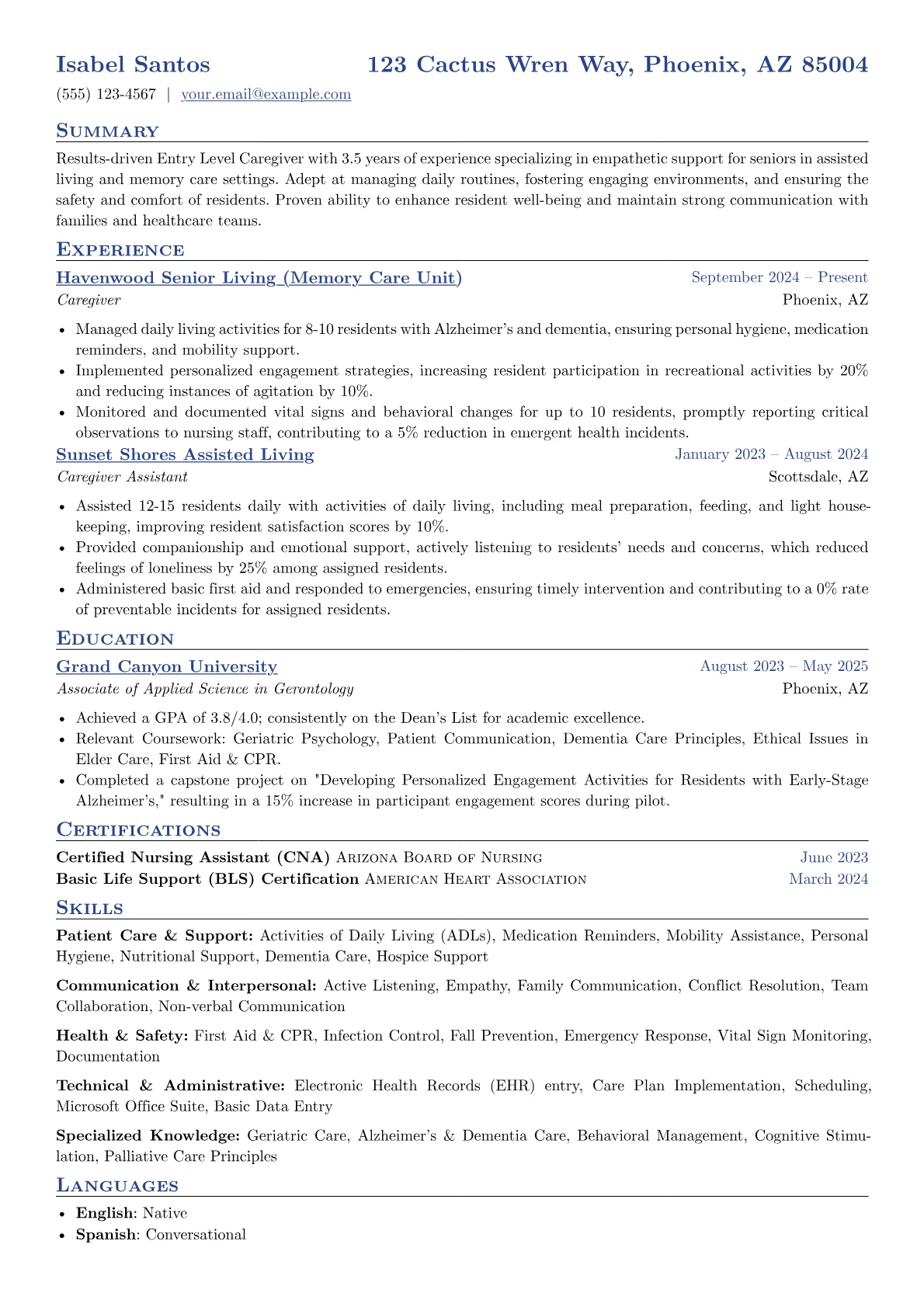 Entry Level Caregiver resume example, Entry Level Caregiver, page 1
