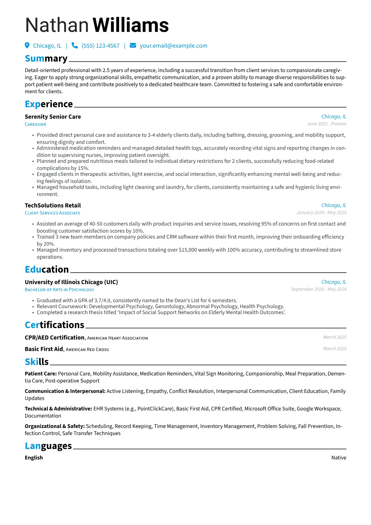 Entry Level Caregiver resume example, Career changer, page 1