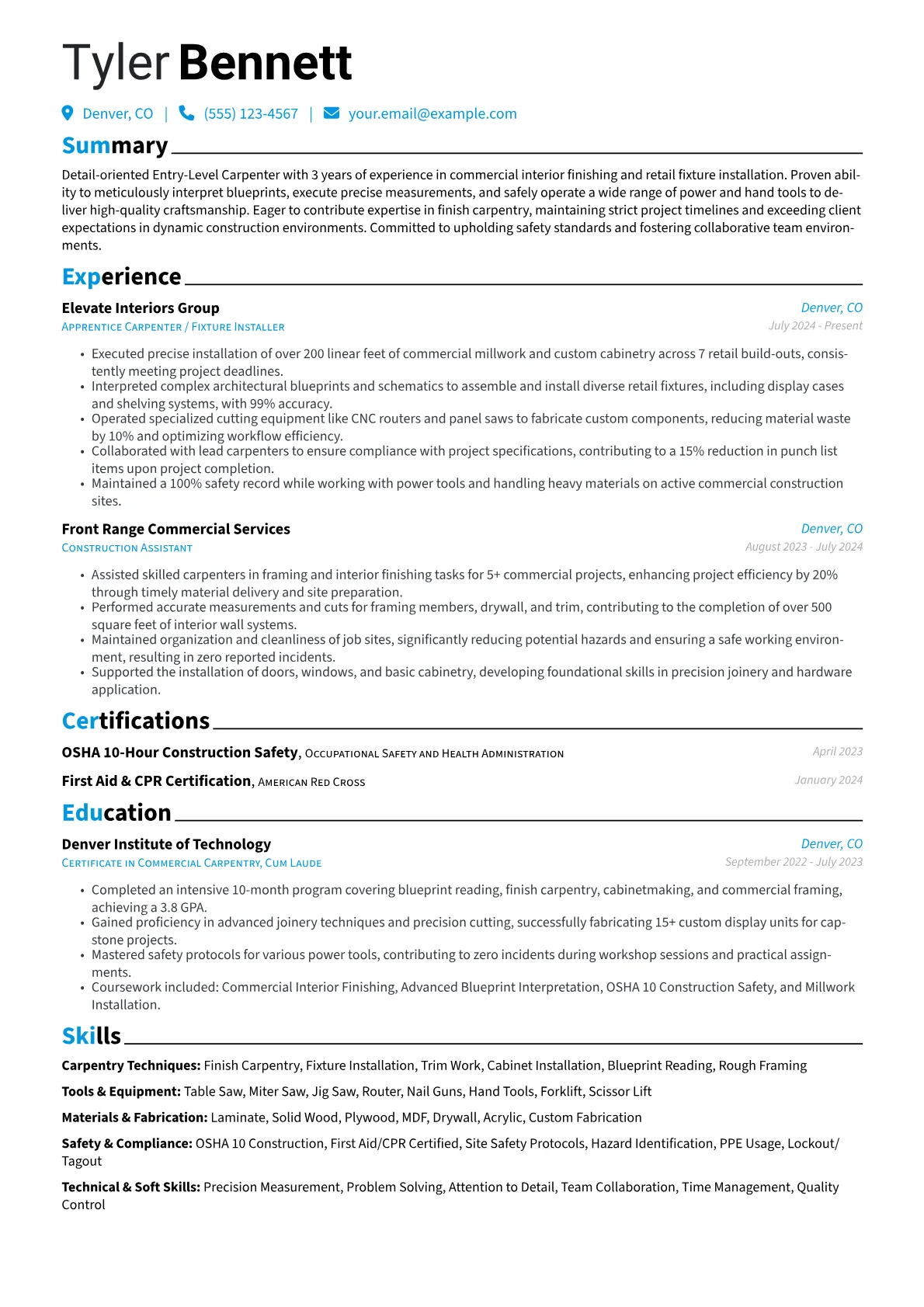 Entry-Level Carpenter resume example, Entry-Level Carpenter, page 1