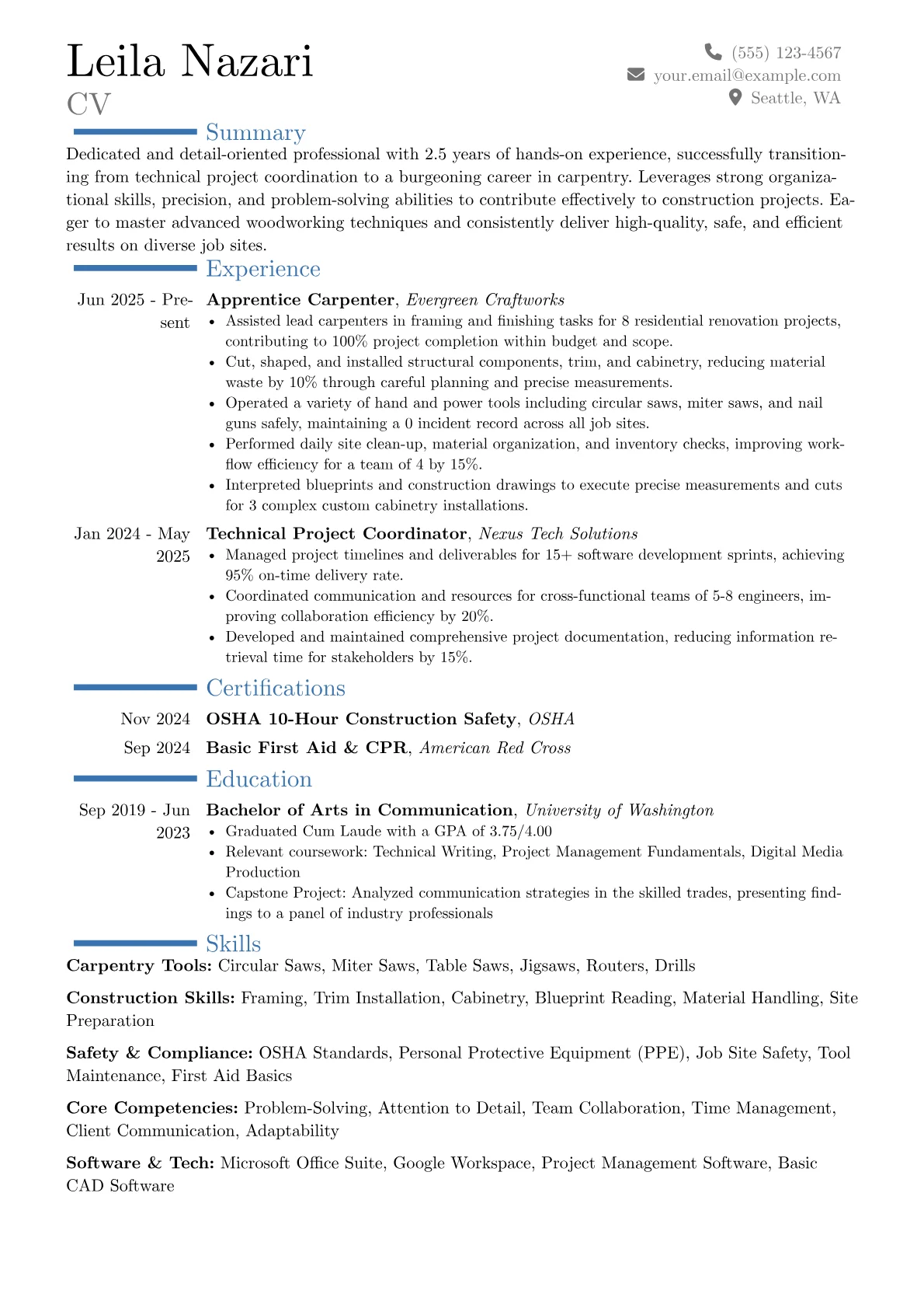 Entry-Level Carpenter resume example, Career changer, page 1