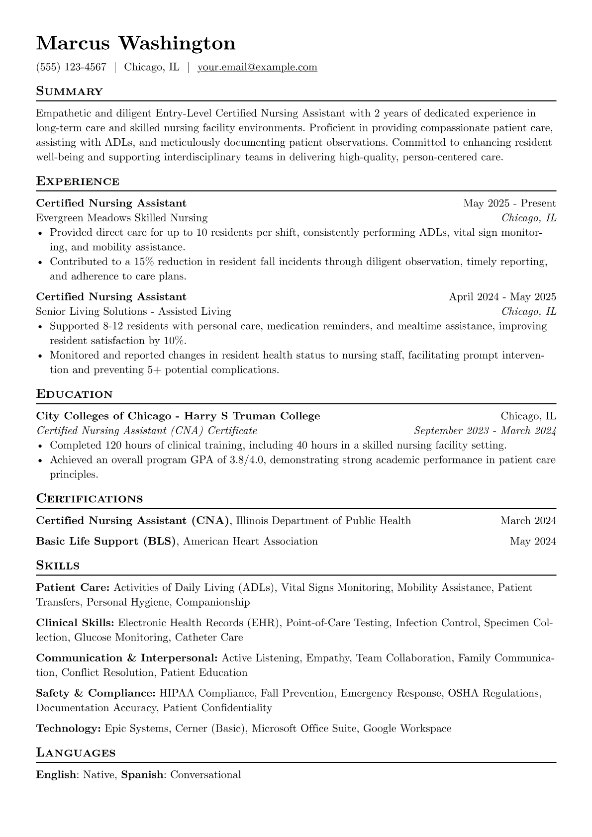 Entry-Level Certified Nursing Assistant resume example, Long-Term Care / Skilled, page 1