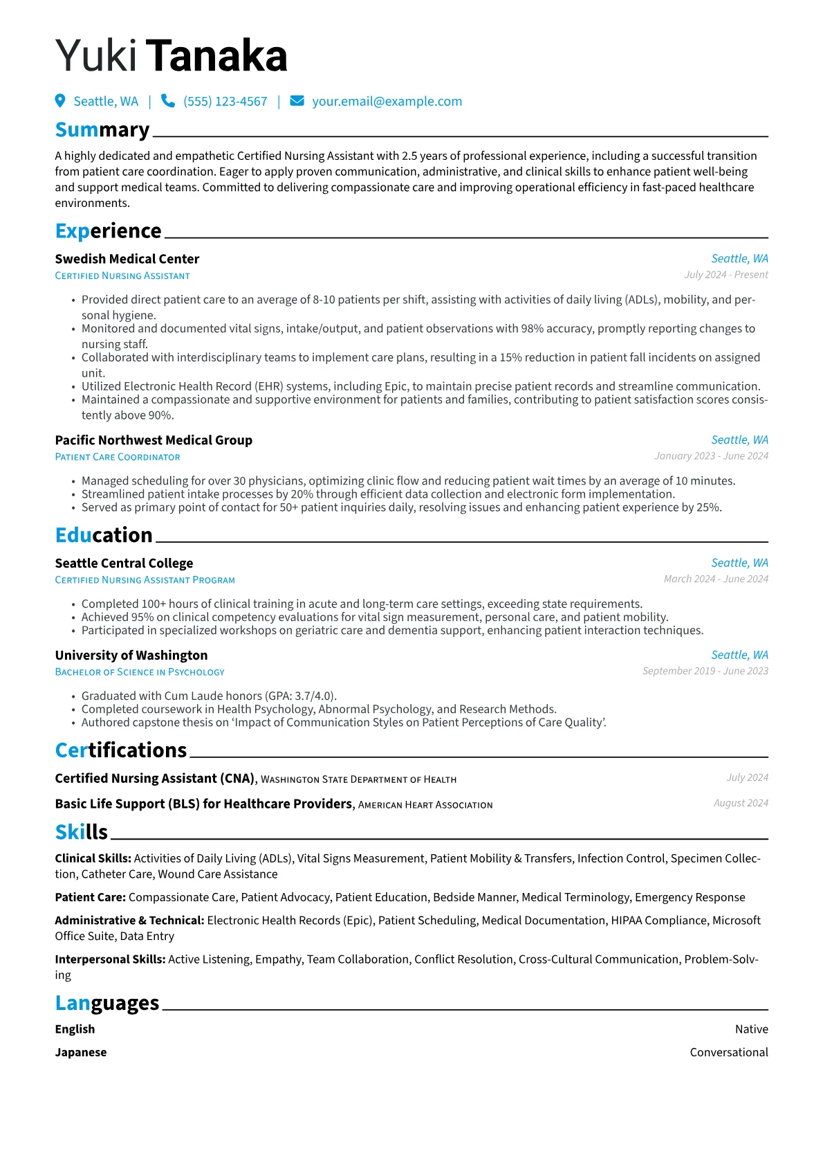 Entry-Level Certified Nursing Assistant resume example, Career changer, page 1