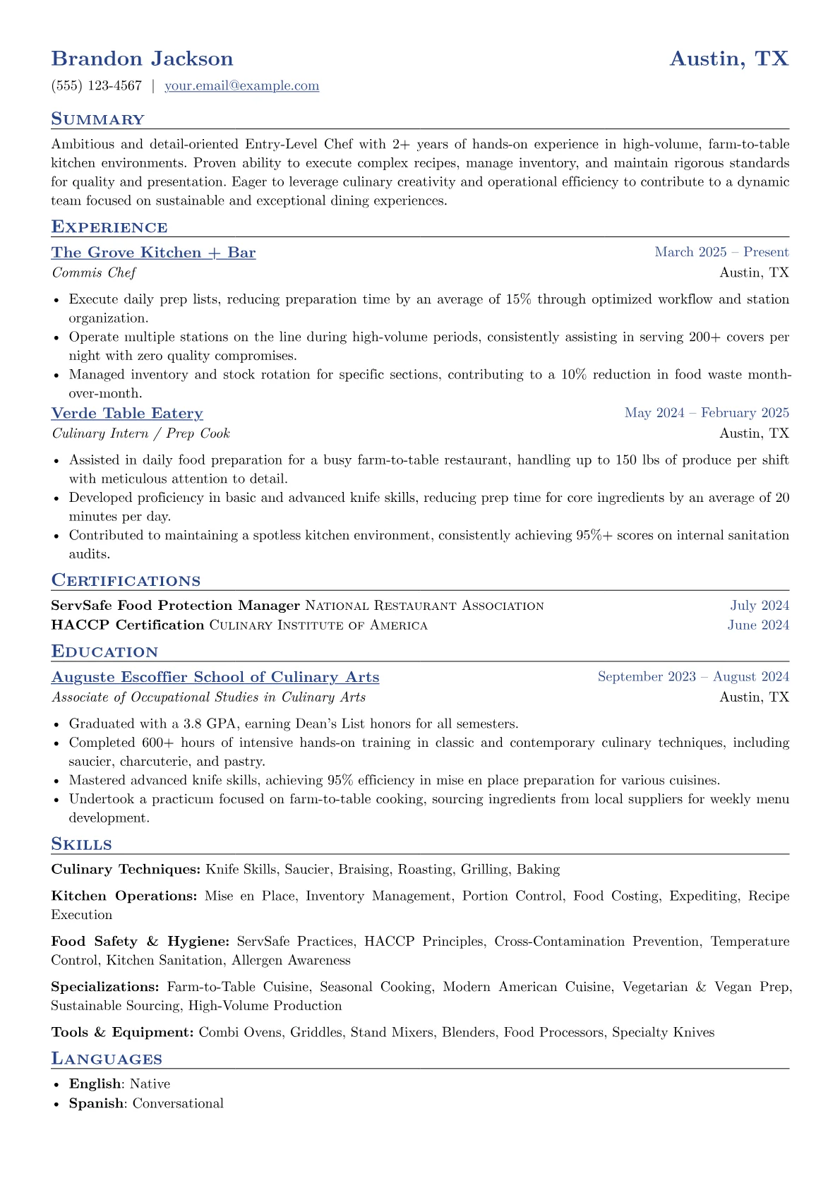 Entry-Level Chef resume example, Entry-Level Chef, page 1