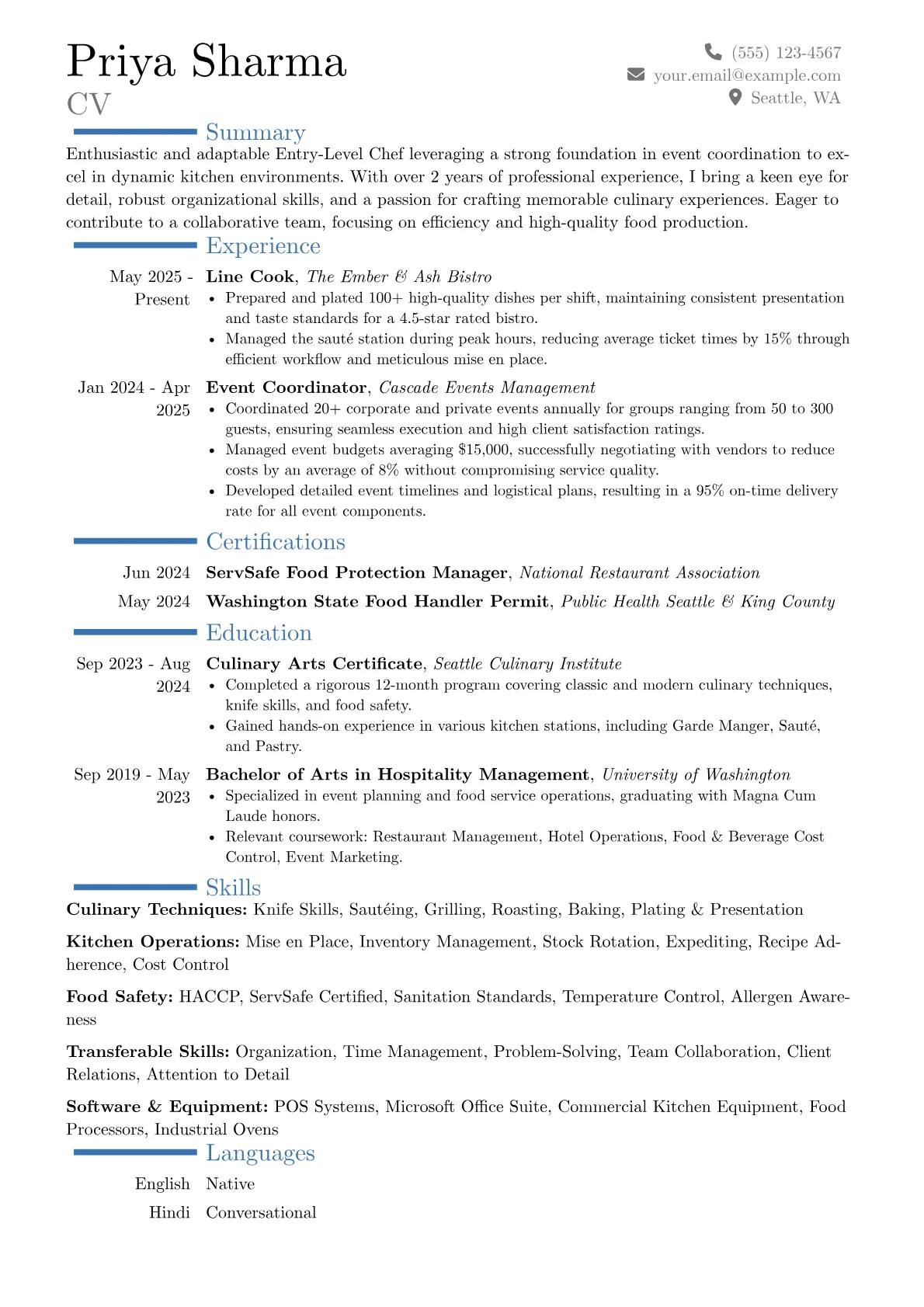Entry-Level Chef resume example, Career changer, page 1