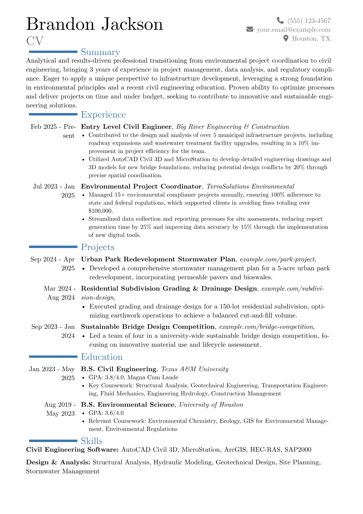 Entry Level Civil Engineer resume example, Career changer, page 1