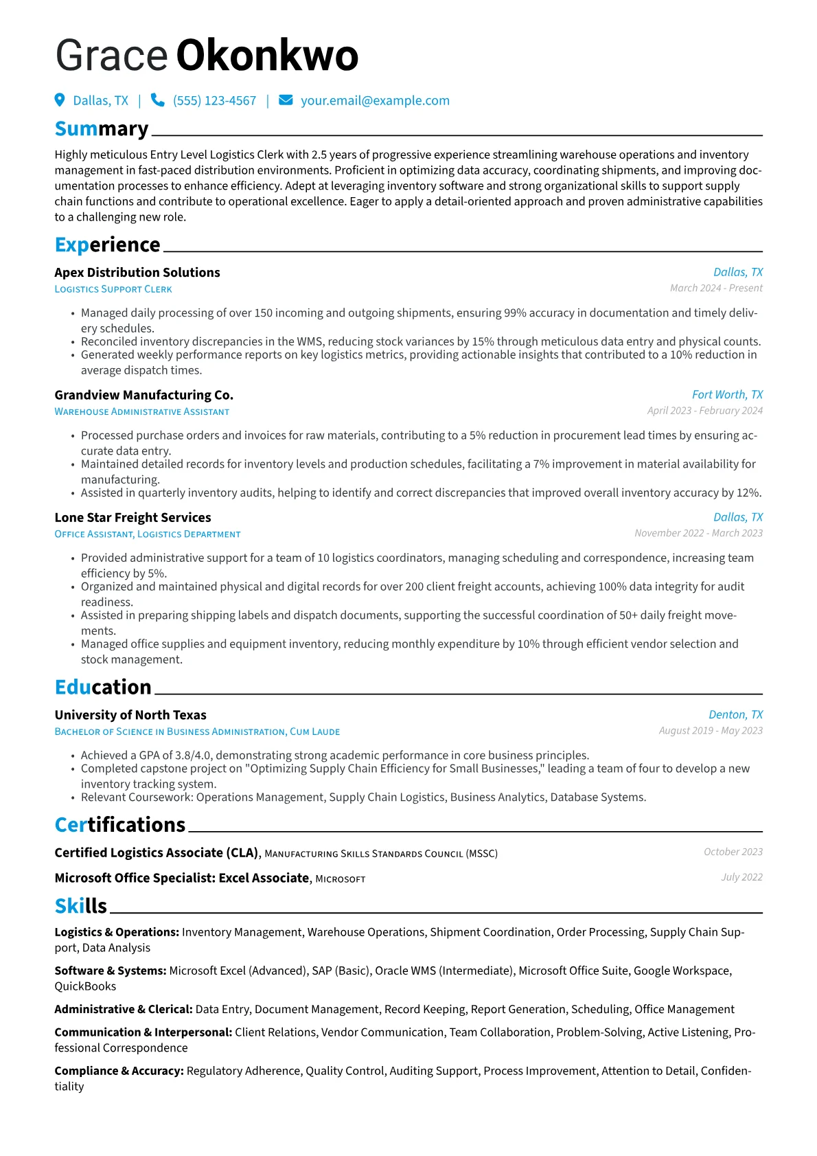 Entry Level Clerk resume example, Entry Level Logistics, page 1