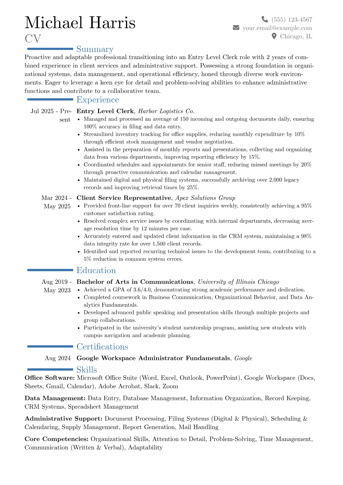 Entry Level Clerk resume example, Career changer, page 1