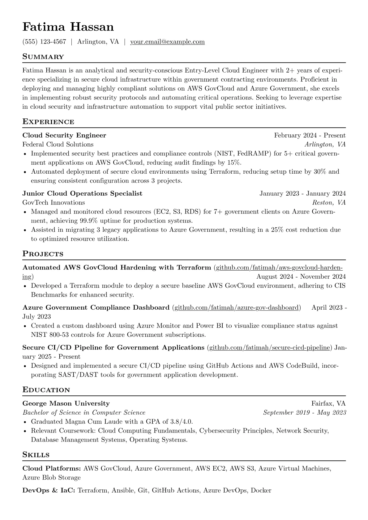 Entry-Level Cloud Engineer resume example, Cloud Security Specialist, page 1