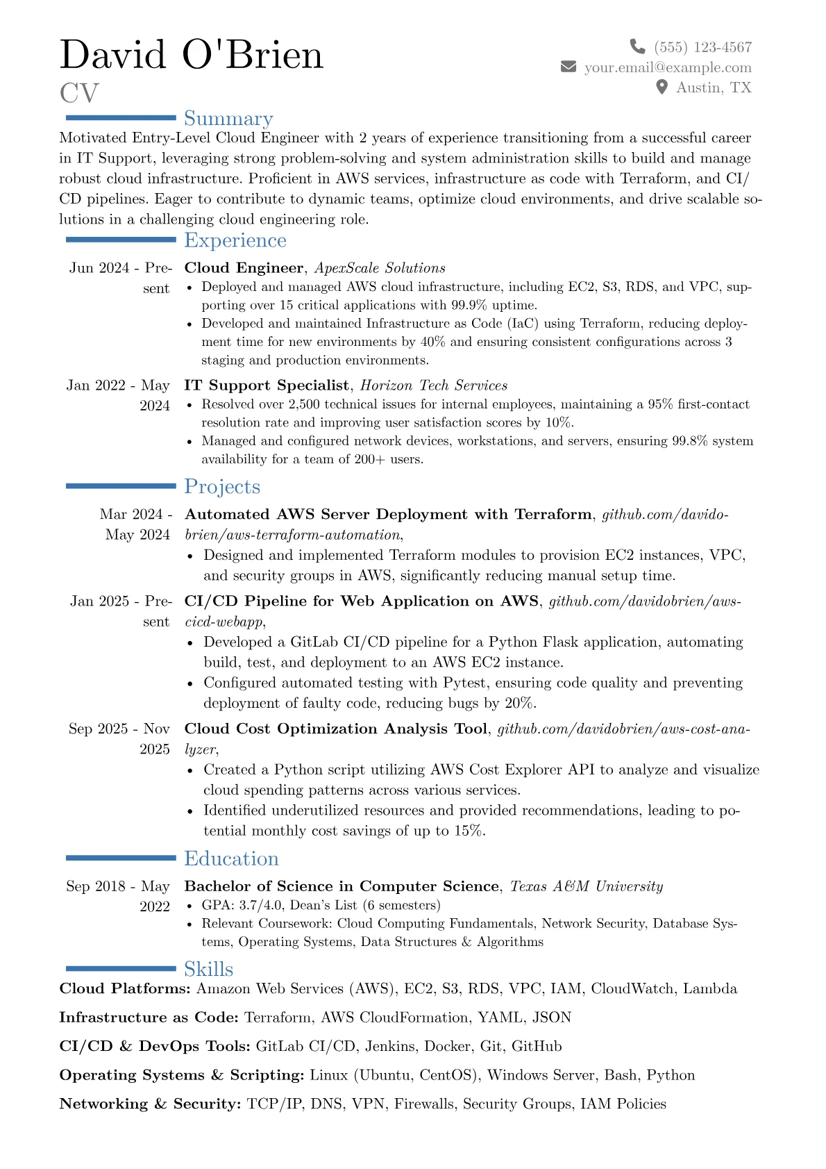 Entry-Level Cloud Engineer resume example, Career changer, page 1