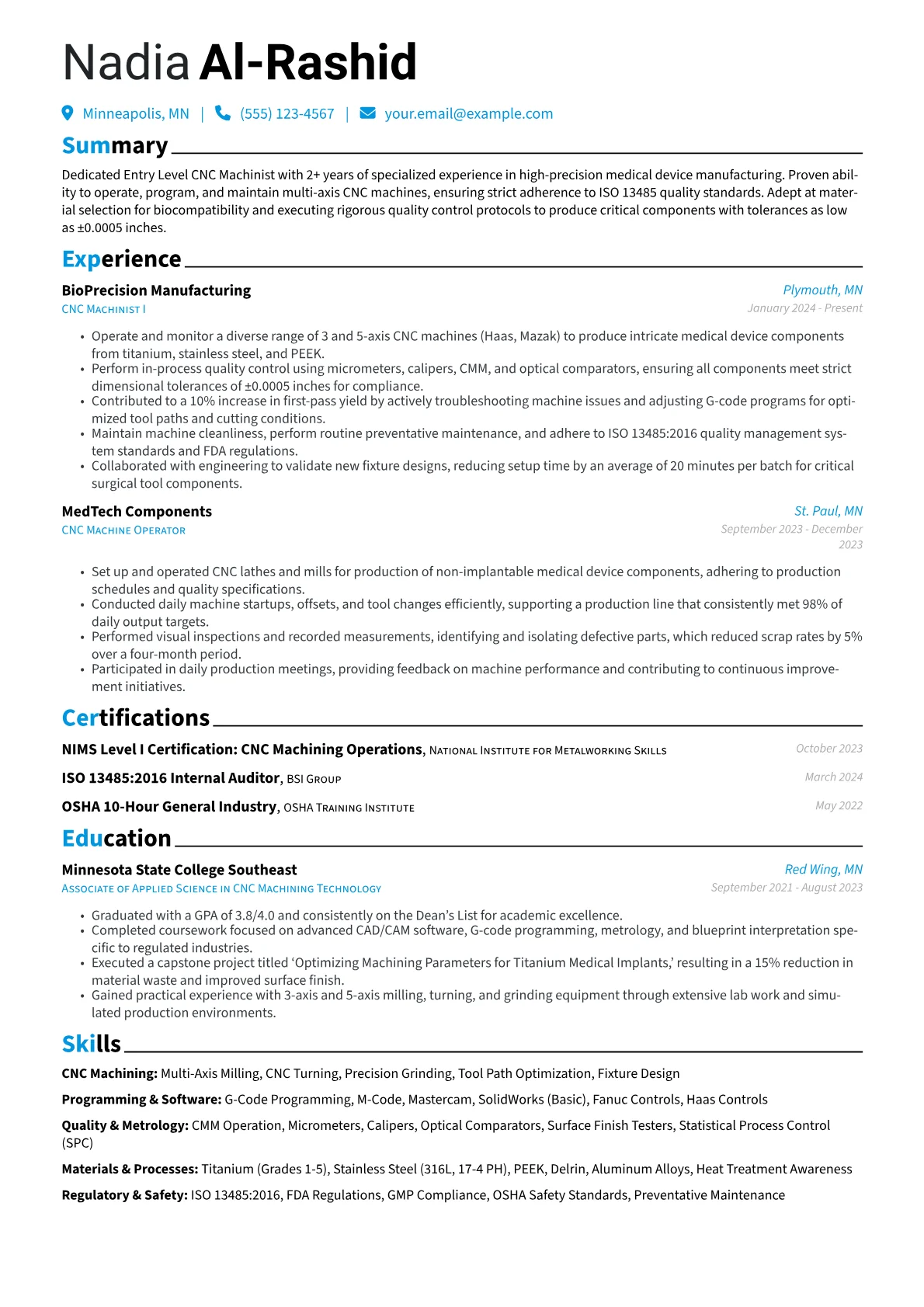 Entry Level CNC Machinist resume example, Medical Device Specialist, page 1