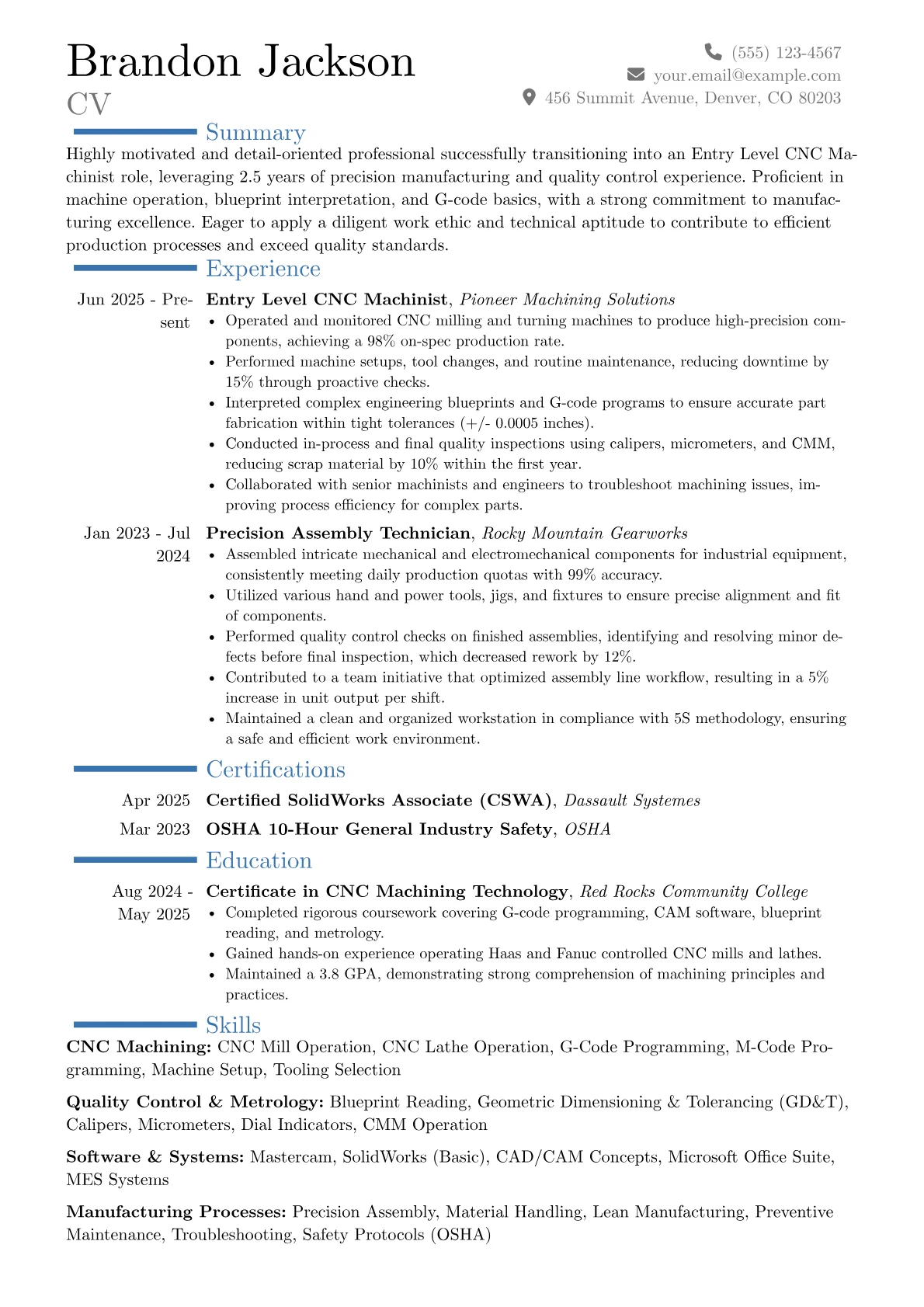 Entry Level CNC Machinist resume example, Career changer, page 1