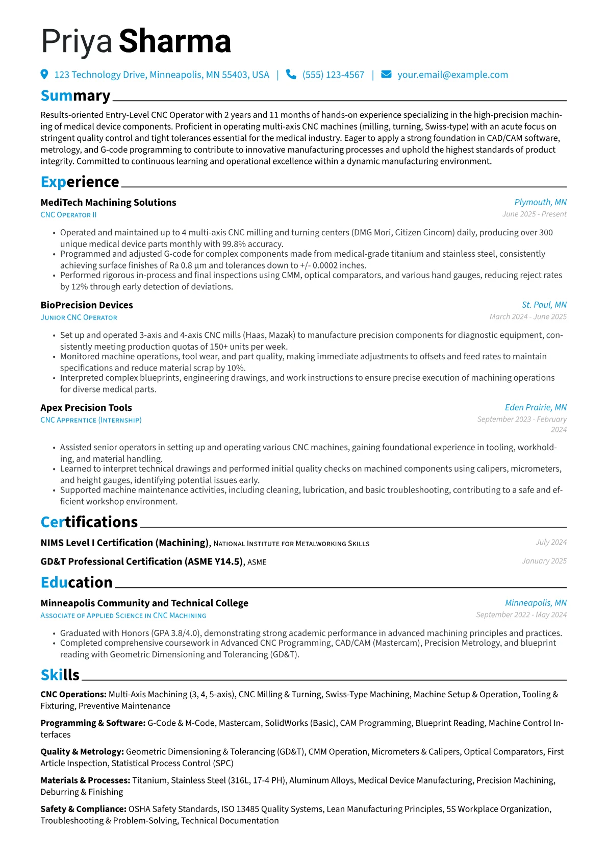 Entry Level CNC Operator resume example, Entry Level CNC Operator, page 1