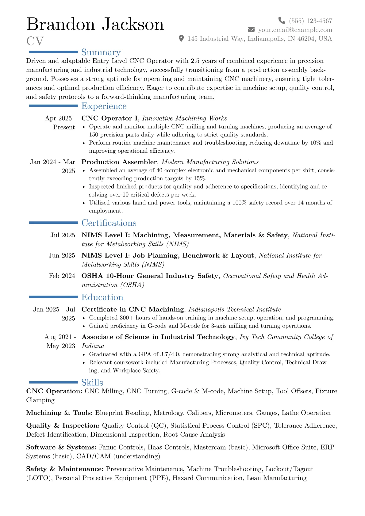 Entry Level CNC Operator resume example, Career changer, page 1