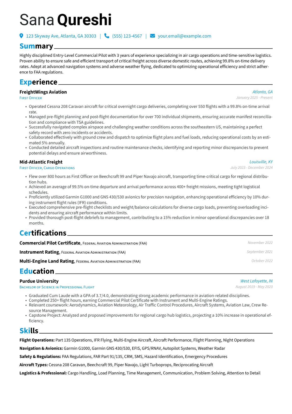 Entry-Level Commercial Pilot resume example, Air Cargo Operations, page 1