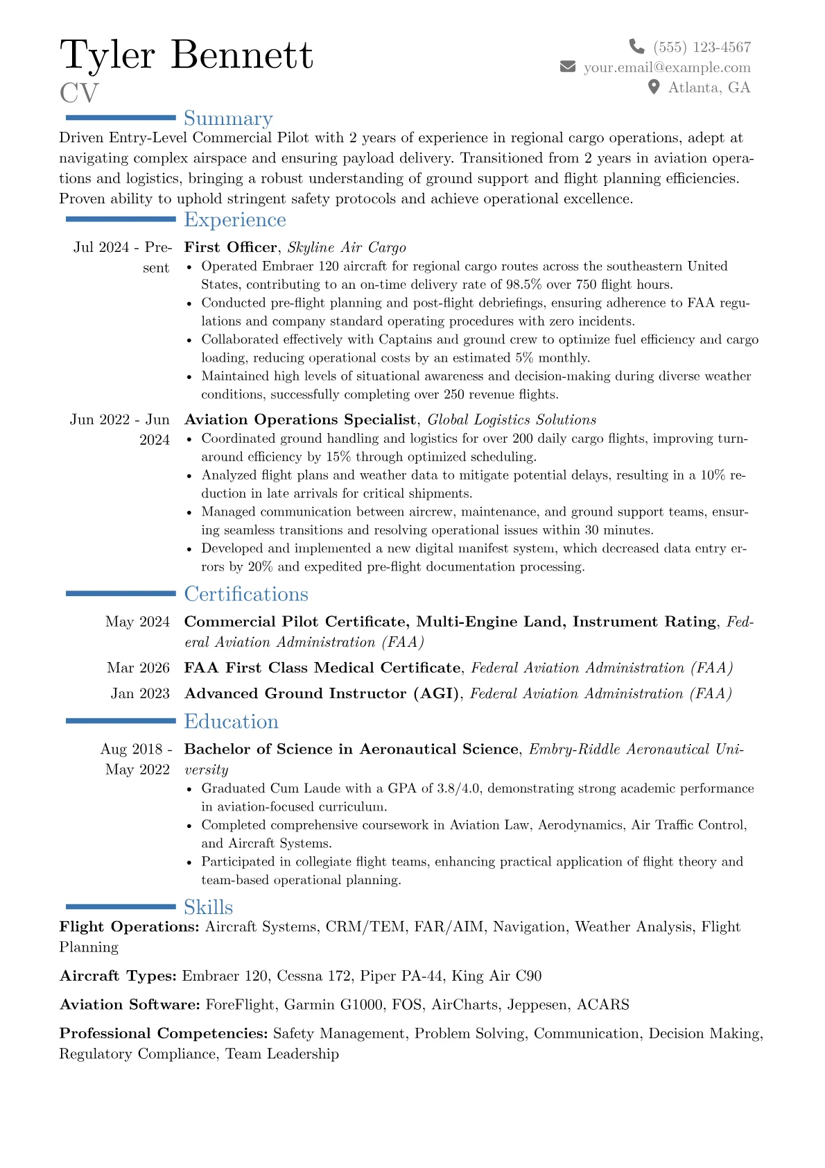 Entry-Level Commercial Pilot resume example, Career changer, page 1