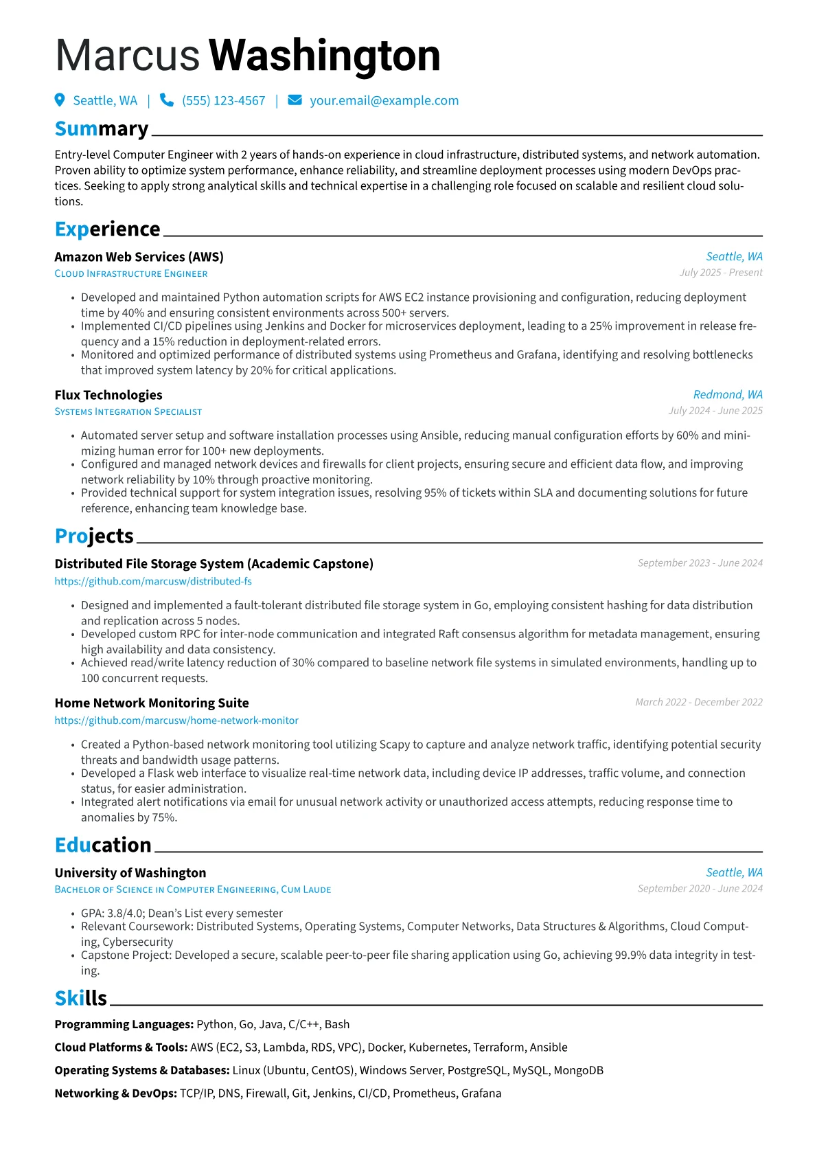 Entry Level Computer Engineer resume example, Cloud Infrastructure, page 1